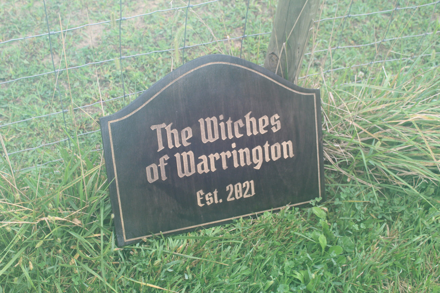 Custom Wood Sign Engraved Color Filled Witches Haunted Commerical Sign Graveyard Rustic Victorian Your Logo Personalized Contour Shape Witch