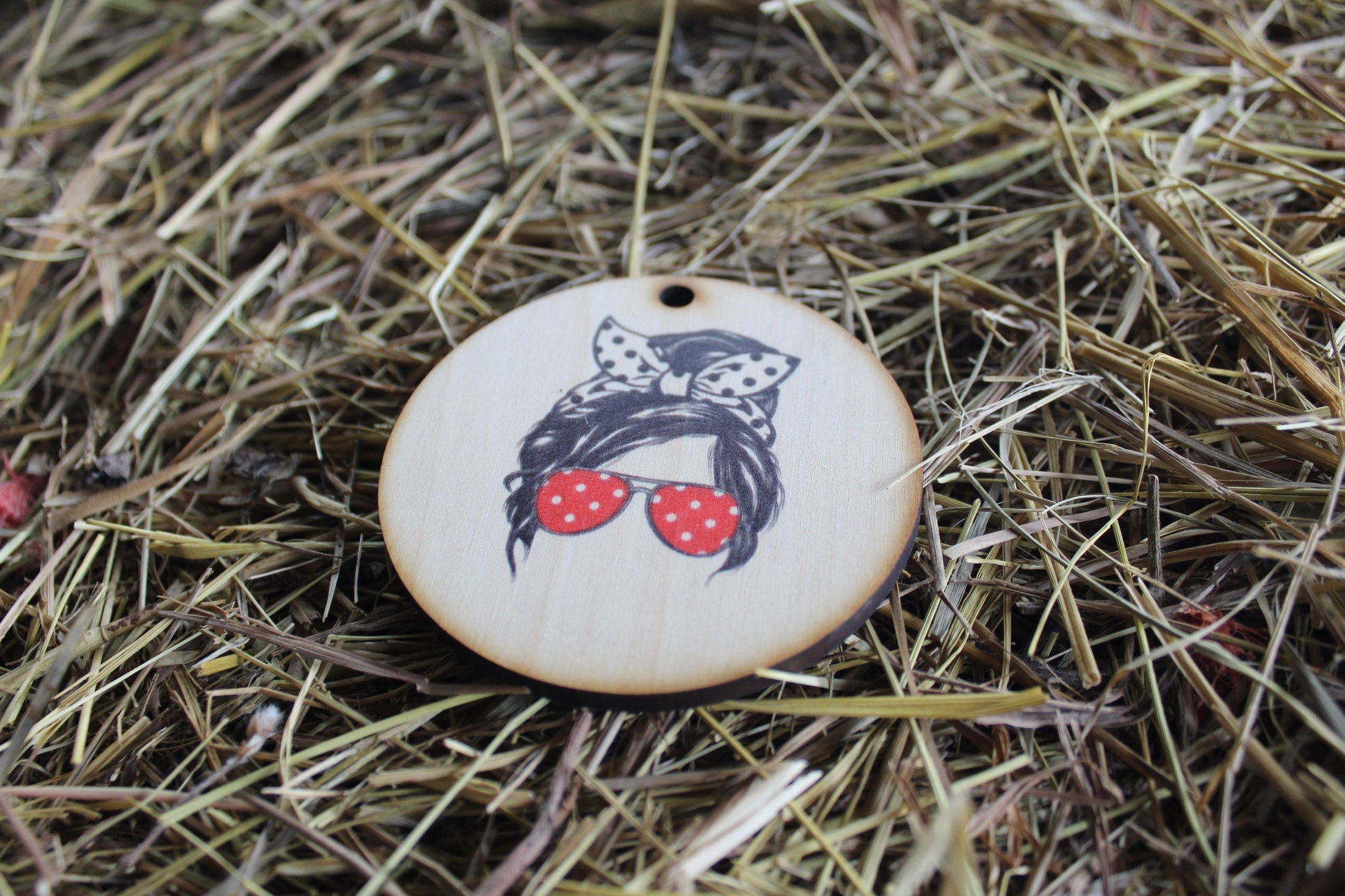 Cool Mom Sunglasses Hairtie Headband Polkadots Messy Bun Mom Life Christmas Gift Tag Holiday Woodslice Red Friend Gift