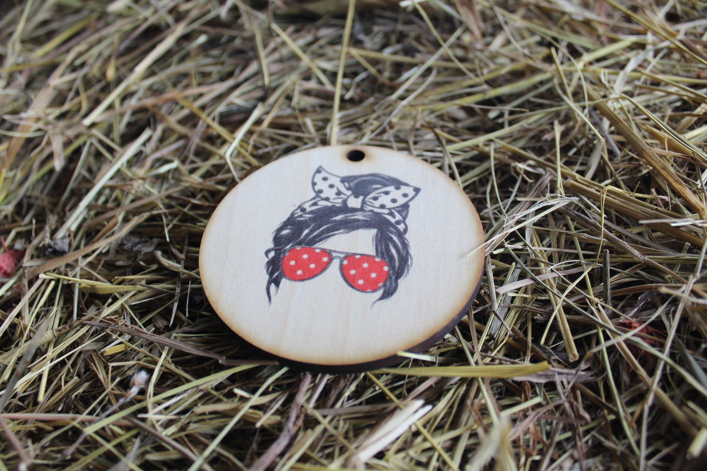 Cool Mom Sunglasses Hairtie Headband Polkadots Messy Bun Mom Life Christmas Gift Tag Holiday Woodslice Red Friend Gift
