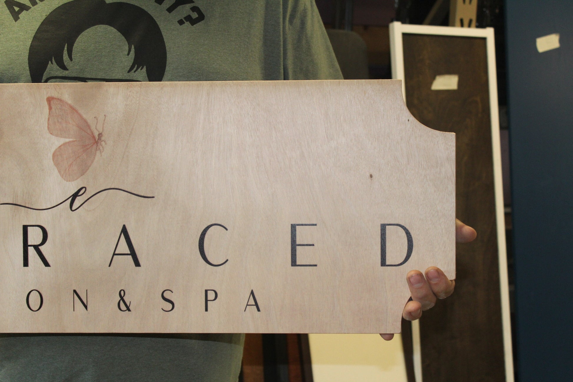 Embraced Day Spa Butterfly Business Logo Sign with UV Ink Printed Extra Detail Contour Wood Image