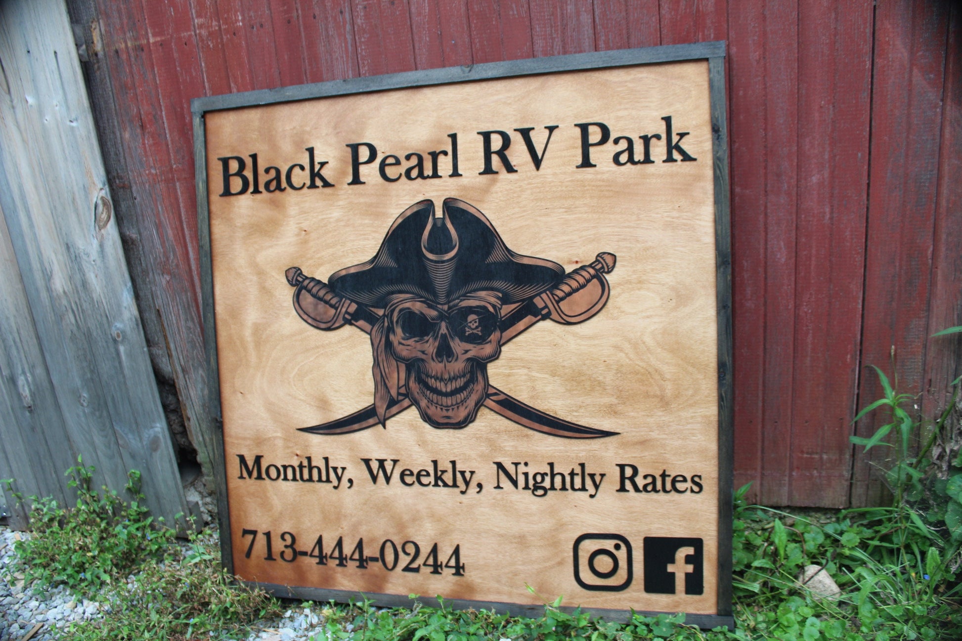 Black Pearl Rv Park Camping Pirate Swords Uv Printed 3D Custom Business Logo Square Oversized Rustic Wood Laser Cut Out 3D Extra Large Sign