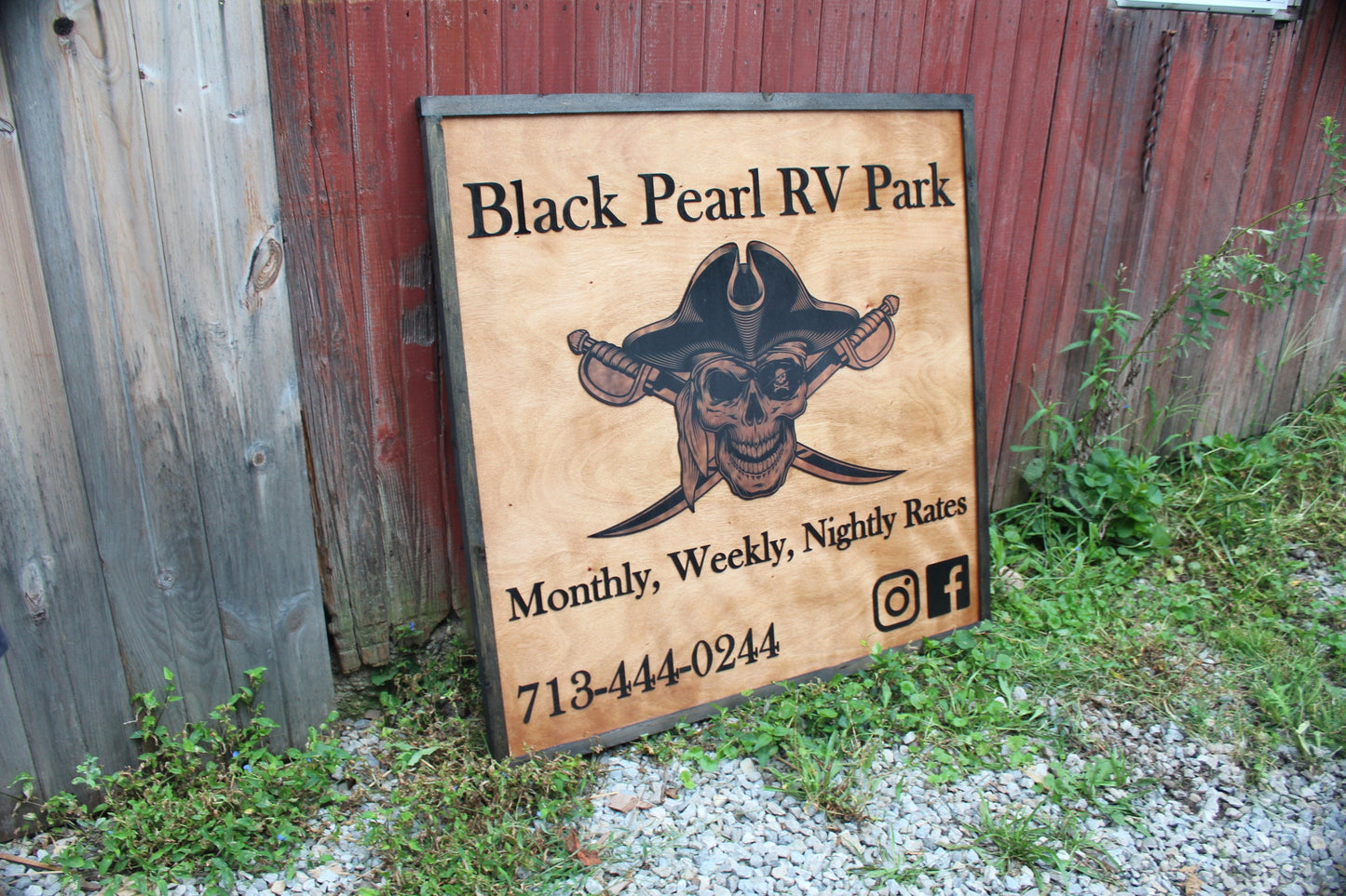 Black Pearl Rv Park Camping Pirate Swords Uv Printed 3D Custom Business Logo Square Oversized Rustic Wood Laser Cut Out 3D Extra Large Sign