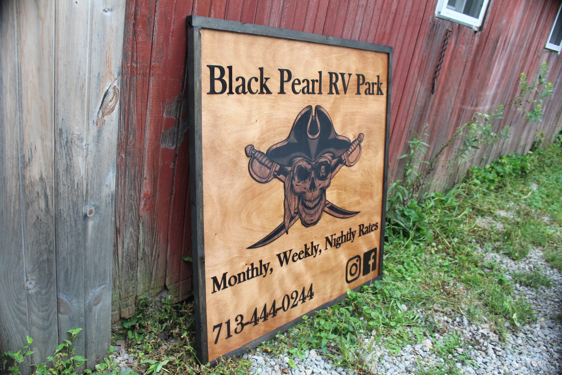Black Pearl Rv Park Camping Pirate Swords Uv Printed 3D Custom Business Logo Square Oversized Rustic Wood Laser Cut Out 3D Extra Large Sign