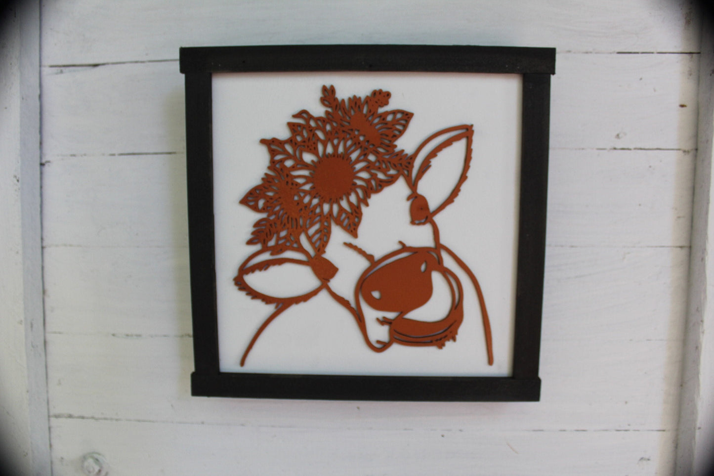 Cow Flower Crown Wood Sign 3D Raised Text Sunflower Floral Heifer Farm Cow Kissses Country Primitive Framed Wall Hanging Porch Decor