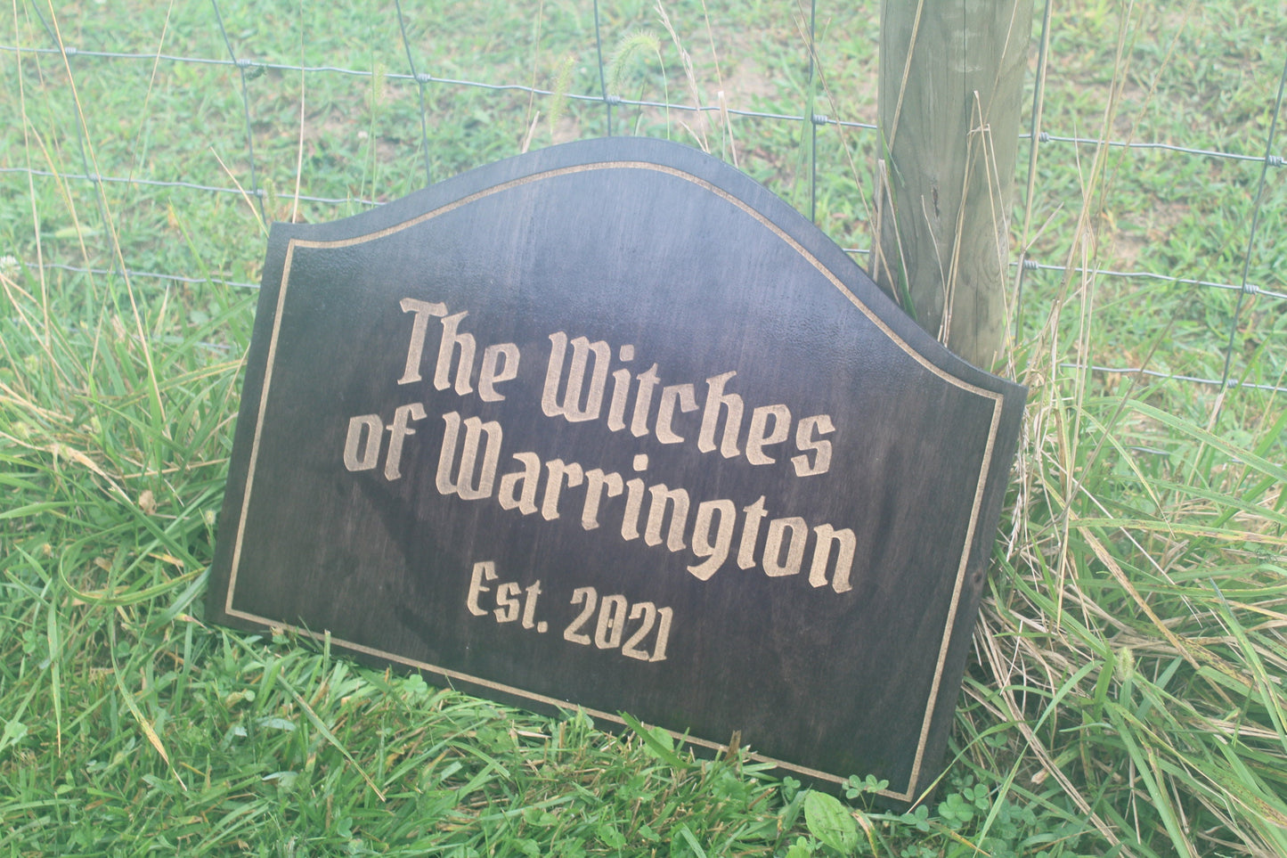 Custom Wood Sign Engraved Color Filled Witches Haunted Commerical Sign Graveyard Rustic Victorian Your Logo Personalized Contour Shape Witch