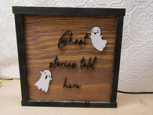 Wooden Halloween Sign Ghosts Ghost Stories Told Here Theme Cute Spooky Fall Decor Trick Or Treat 3D Raised Text Handmade Framed Signage