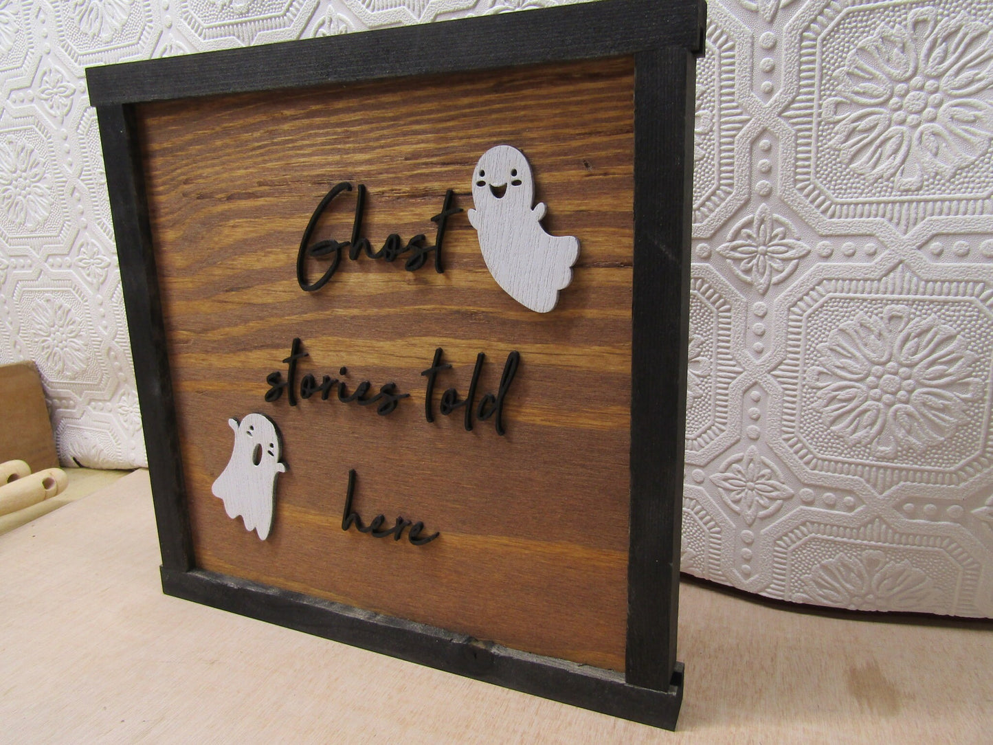 Wooden Halloween Sign Ghosts Ghost Stories Told Here Theme Cute Spooky Fall Decor Trick Or Treat 3D Raised Text Handmade Framed Signage