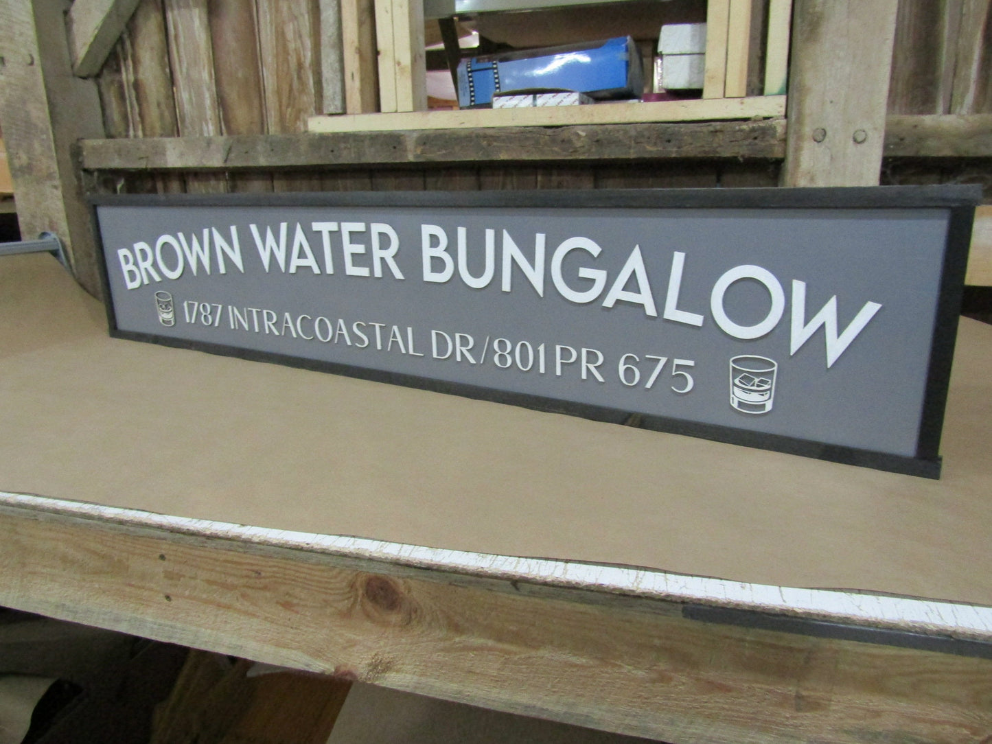 Large Custom Commerical Signage Business Name Address Sign Whiskey Bungalow Wood 3D Raised Text Sign Handmade Decor Store Front Costal Glass