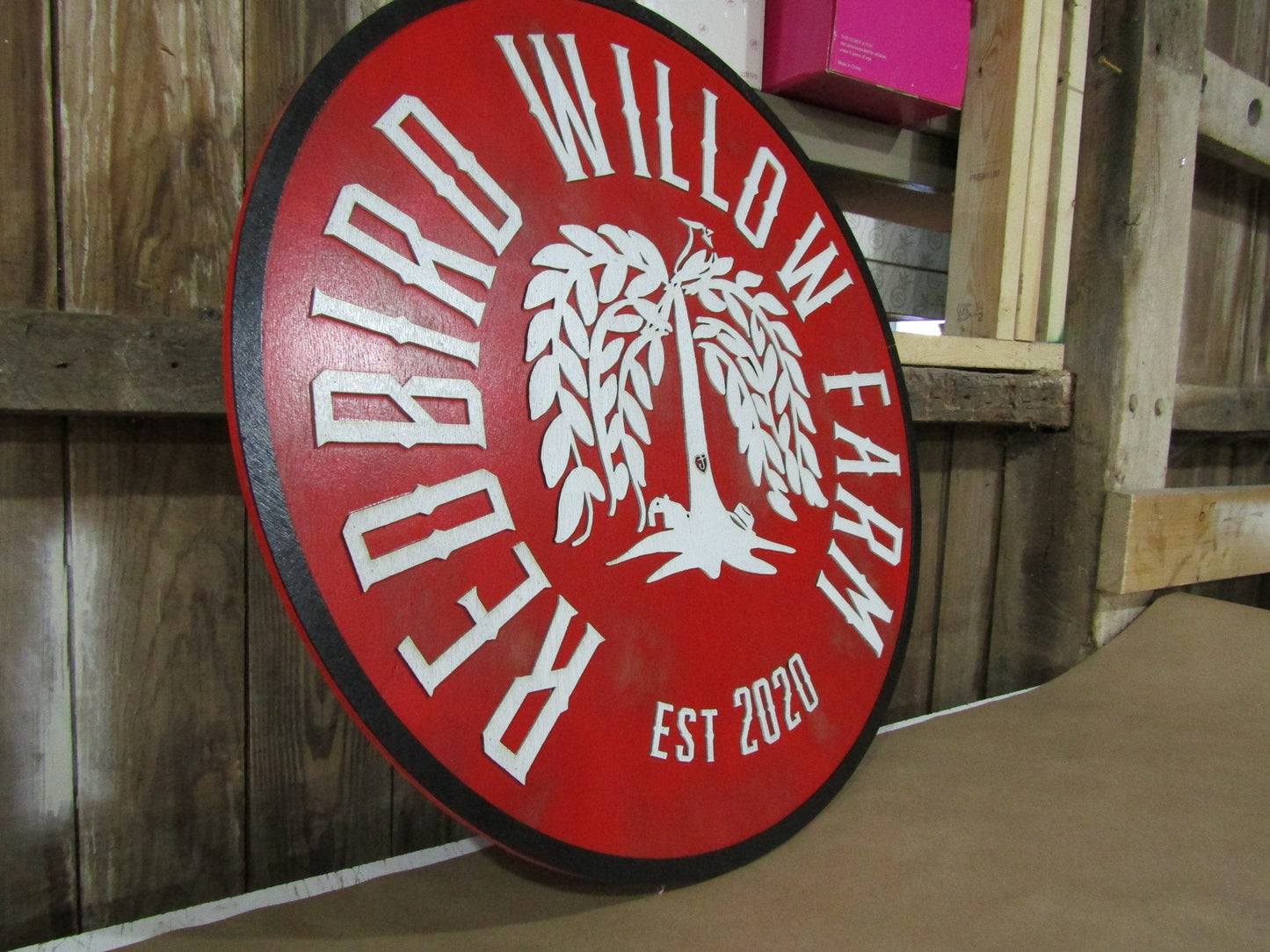Large Round Custom Sign Commerical Signage Tree Farm Willow Tree Redbird Red Personalized Logo Emblem Made To Order 3D Raised Text Handmade