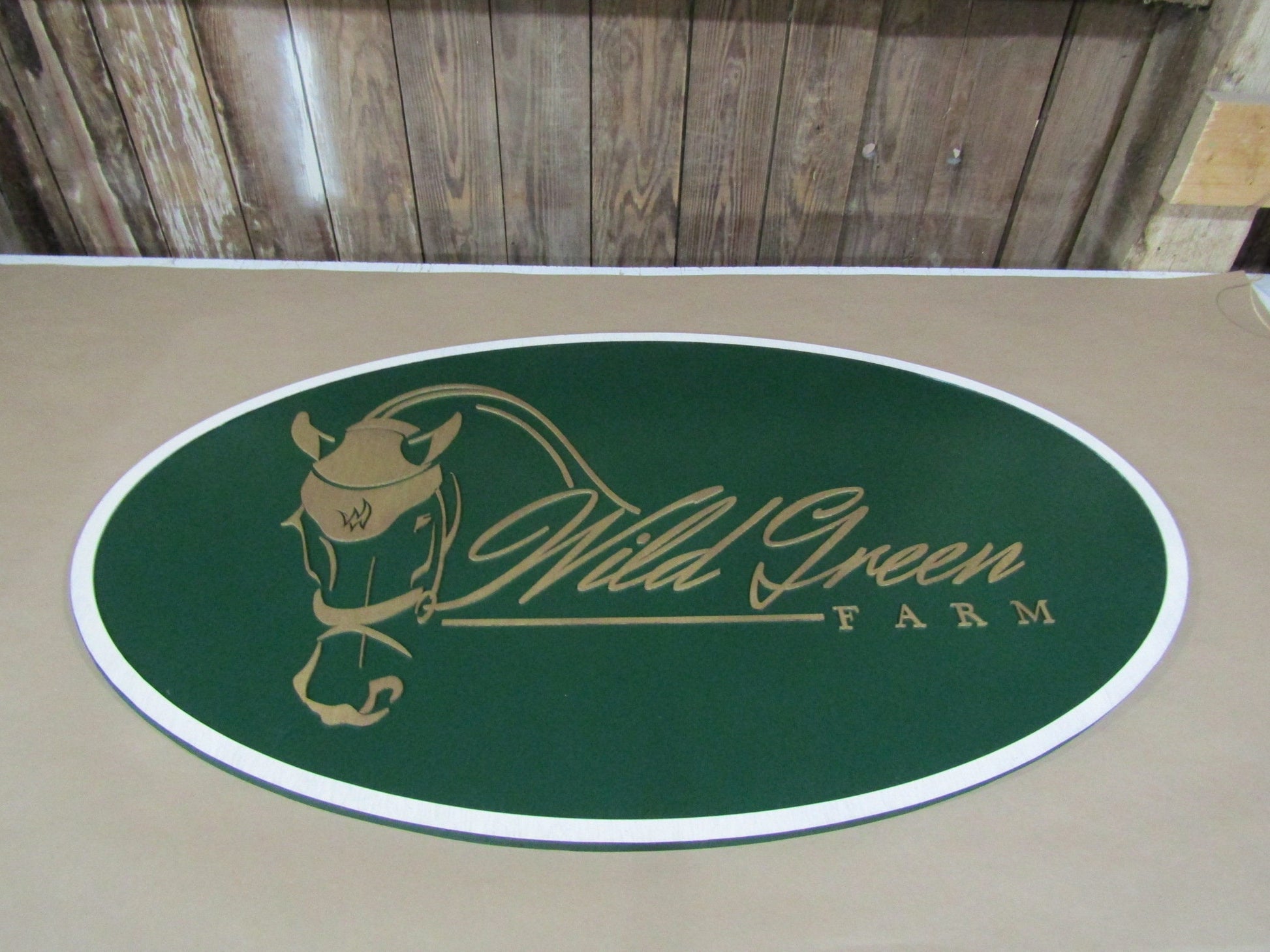 Custom Wood Sign Logo Laser Cut Out Large Oval Custom Wood Sign 3D Raised Text Wild Green Farms Horse Farm Horse Track Barn Farm Sign Border