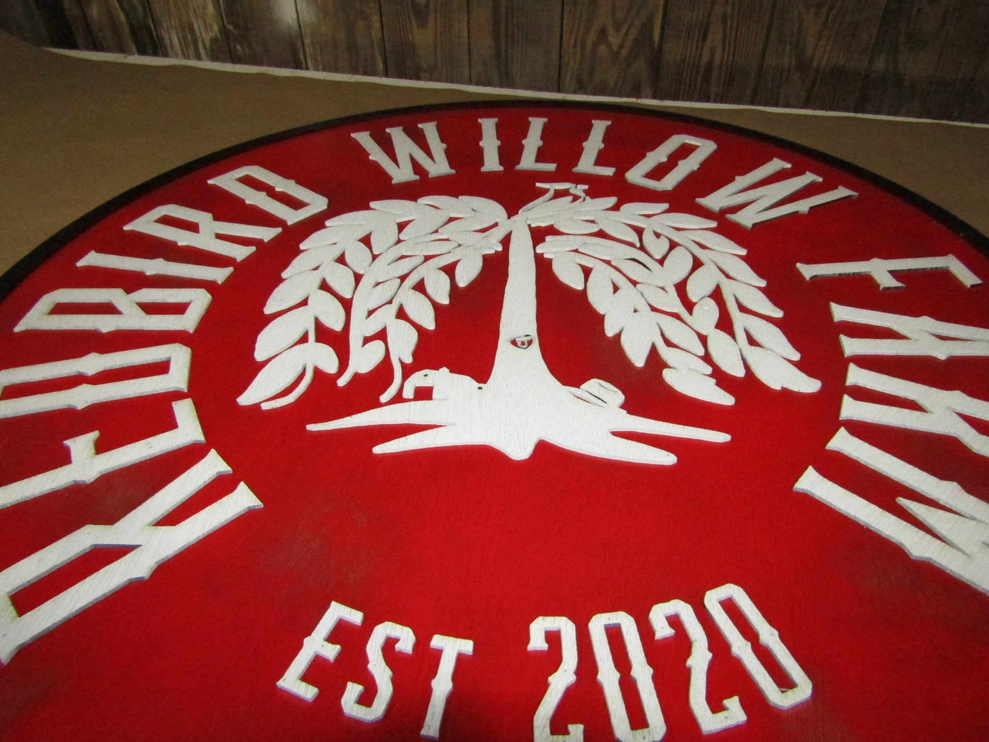 Large Round Custom Sign Commerical Signage Tree Farm Willow Tree Redbird Red Personalized Logo Emblem Made To Order 3D Raised Text Handmade