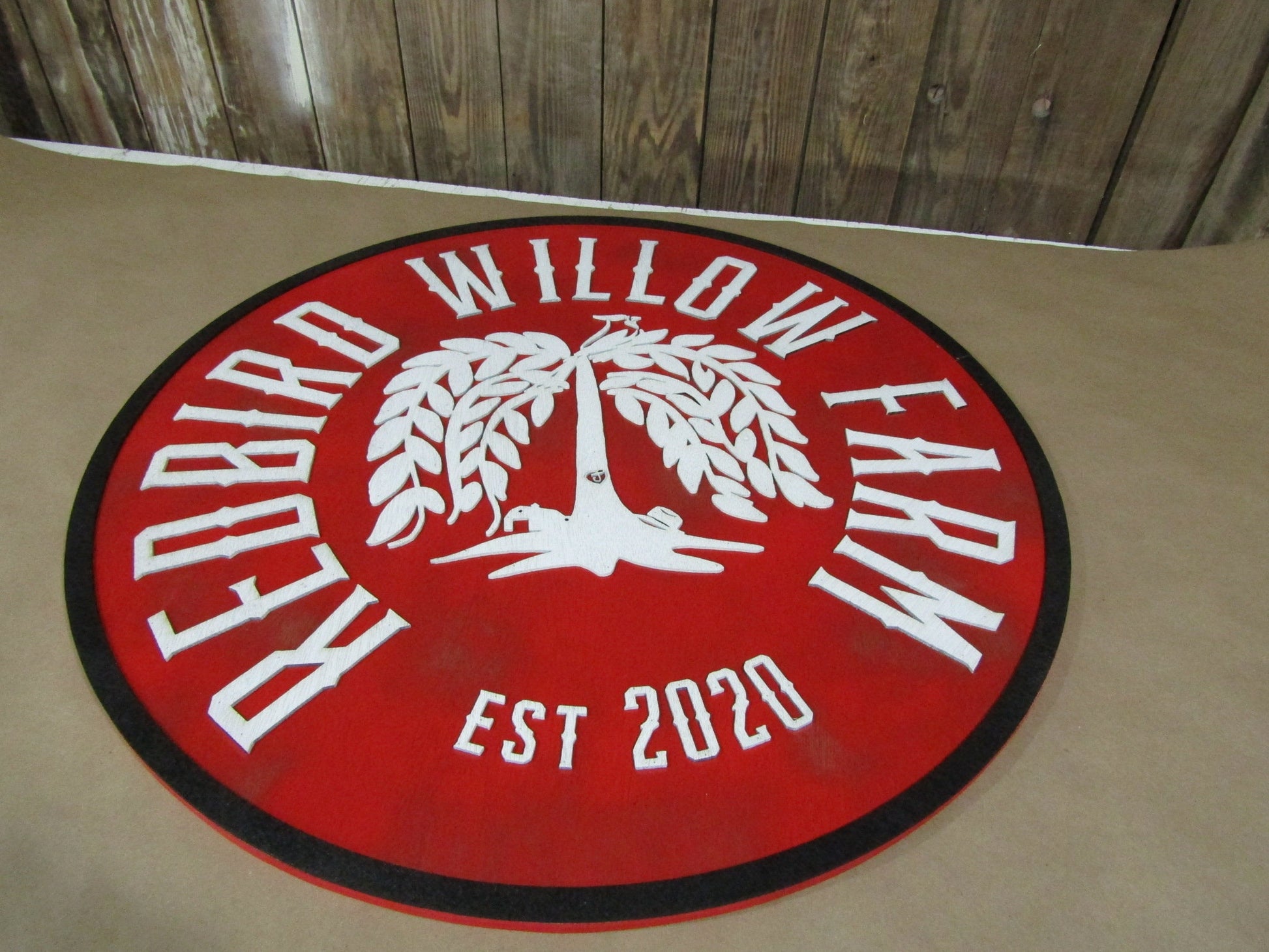 Large Round Custom Sign Commerical Signage Tree Farm Willow Tree Redbird Red Personalized Logo Emblem Made To Order 3D Raised Text Handmade