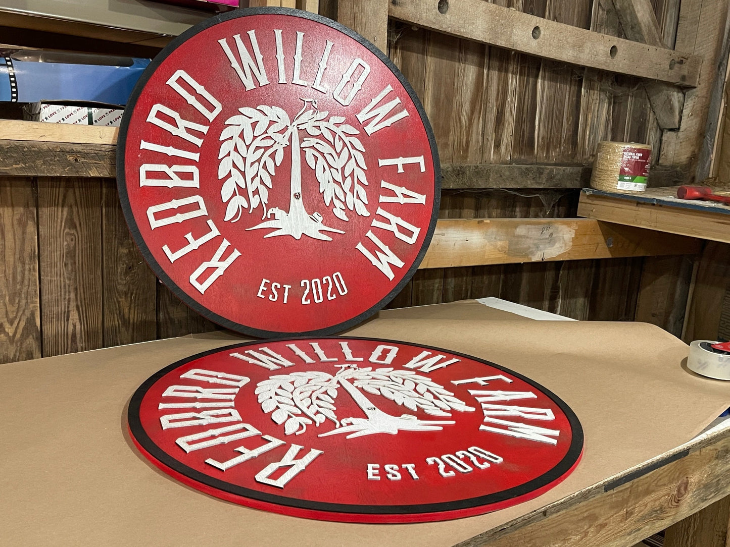 lot of 2 Extra Large Round Custom Signs Redbird Willow Tree Farm 3D Commerical Signage Signs Matching Business Logo Free Ship Made To Order