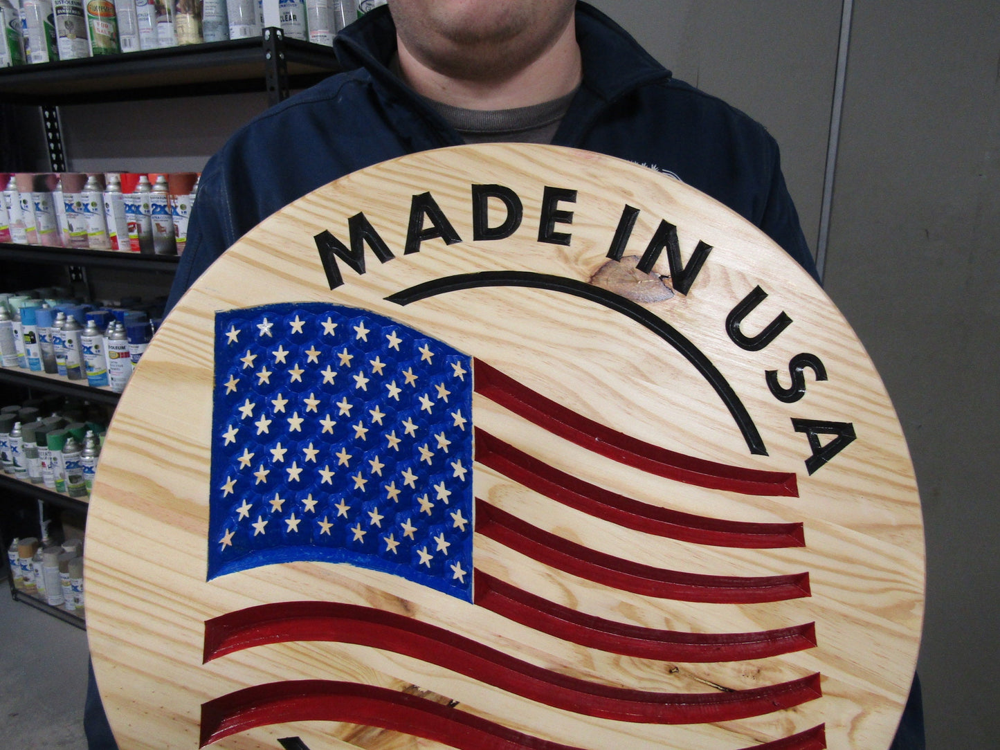 Wooden Engraved Routed Made In Usa Color Filled Red White Blue Round Natural Wood Circle Sign Display Handmade Decor Signage Commerical Use