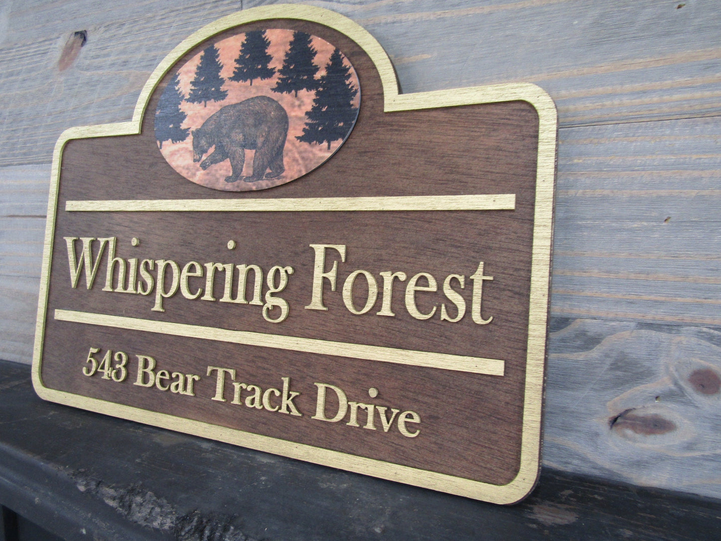 Custom Address Sign Private Drive Bear Cabin Woodsy Pine Trees 3D Raised Contoured Shape Handmade Commerical Signage Directional Wooden