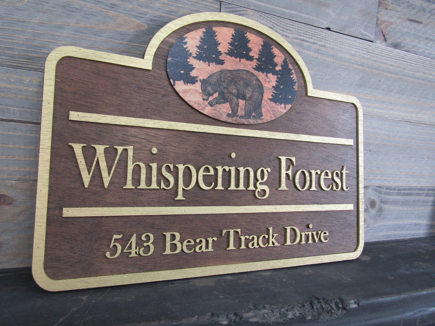 Custom Address Sign Private Drive Bear Cabin Woodsy Pine Trees 3D Raised Contoured Shape Handmade Commerical Signage Directional Wooden