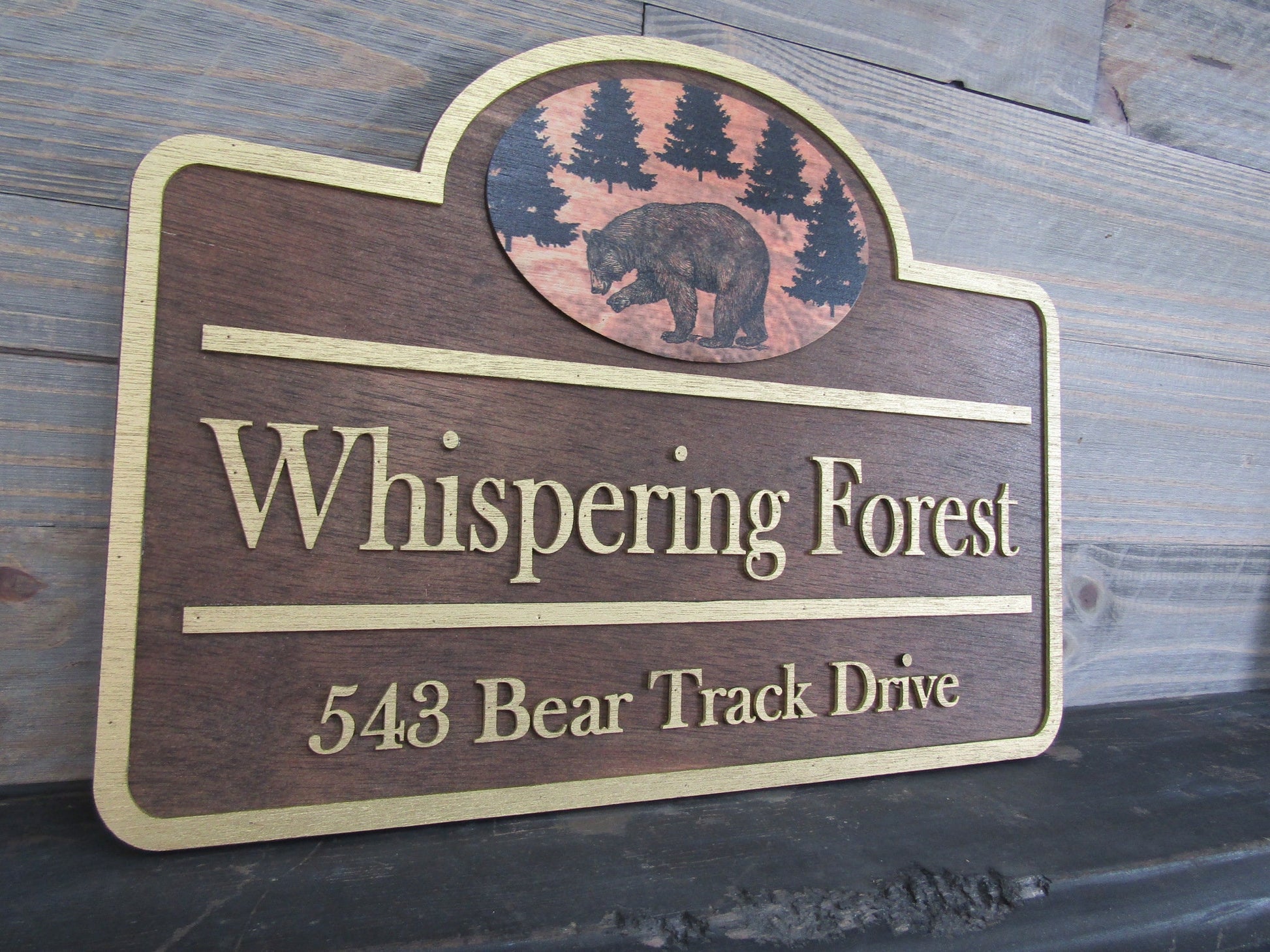 Custom Address Sign Private Drive Bear Cabin Woodsy Pine Trees 3D Raised Contoured Shape Handmade Commerical Signage Directional Wooden