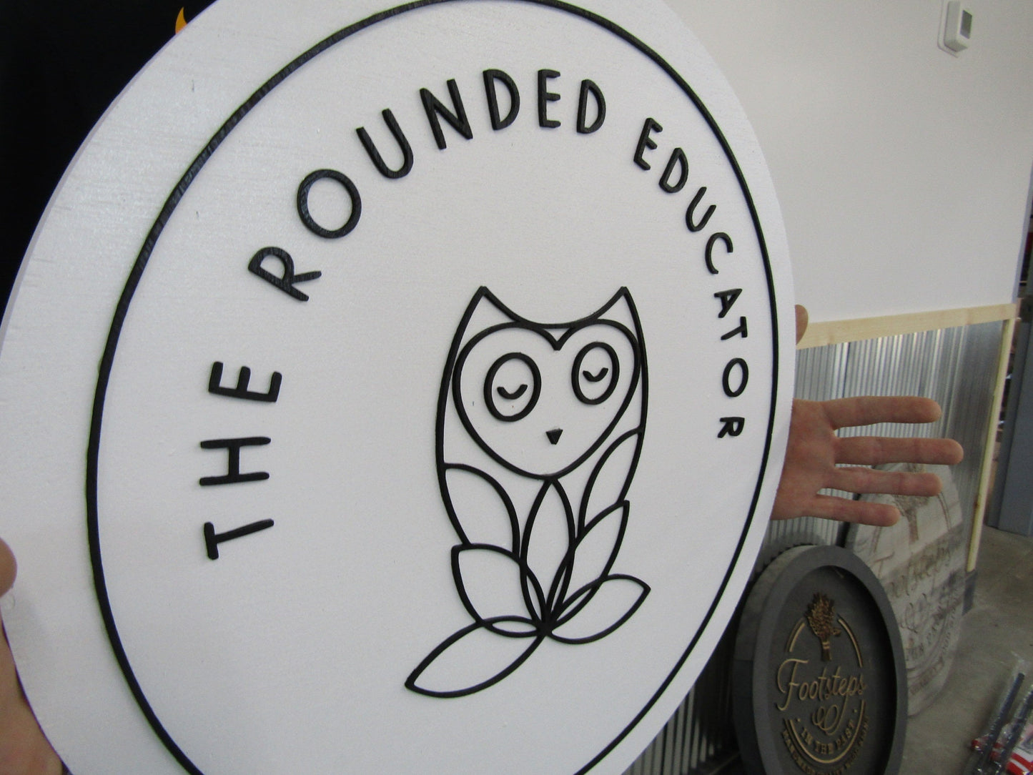 Custom Sign Round Commerical Signage Minimalist Made to Order Rounded Educator Owl Store Front Small Shop Logo School Circle Wooden Handmade