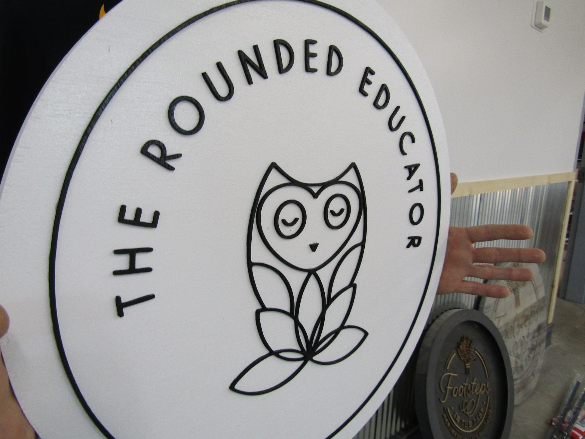 Custom Sign Round Commerical Signage Minimalist Made to Order Rounded Educator Owl Store Front Small Shop Logo School Circle Wooden Handmade