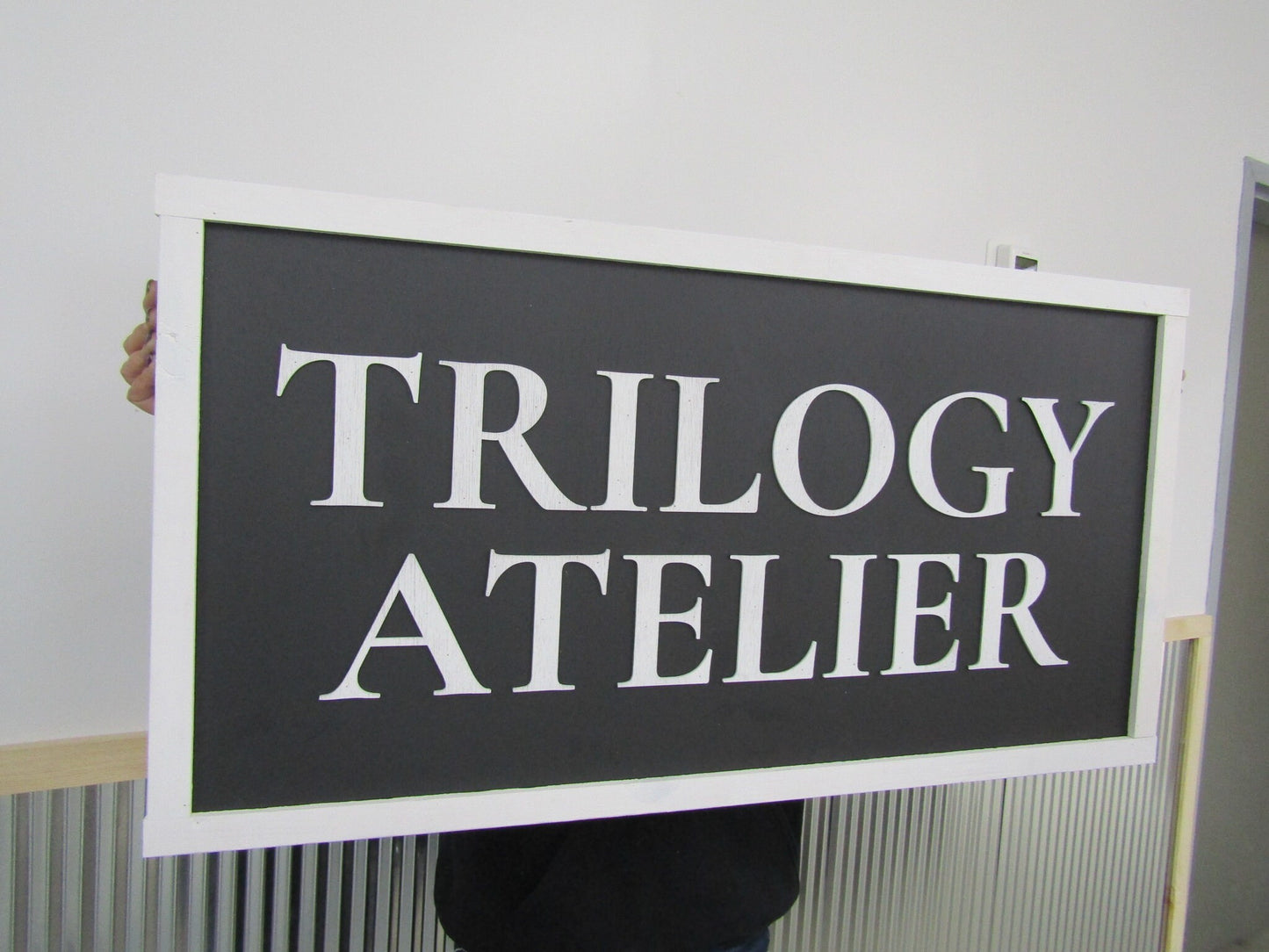 Large Custom Business Sign Workshop Studio Signage Indoor Outdoor Trilogy Black and White Personalized Logo Made To Order 3D Wooden LaserCut