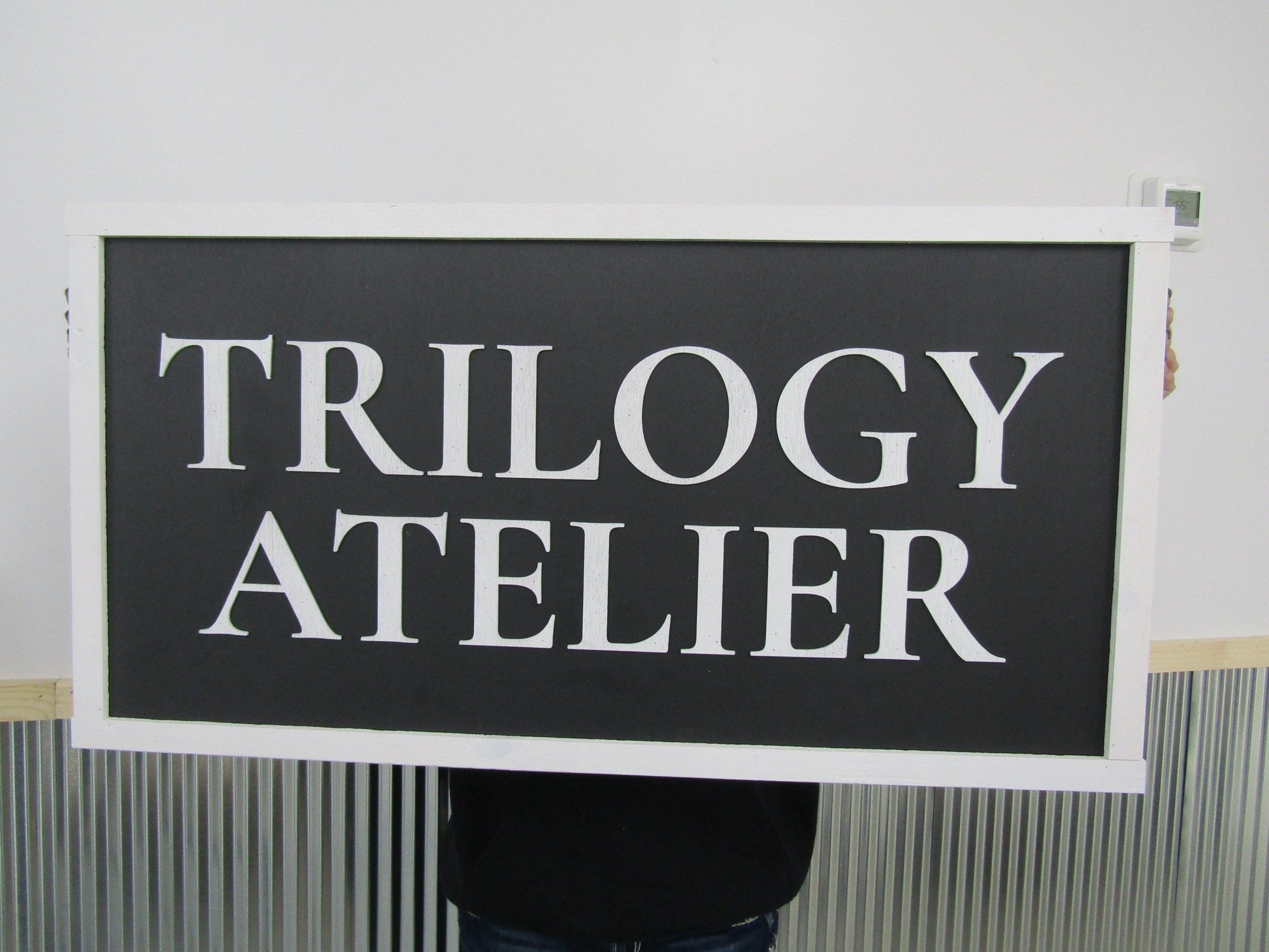 Large Custom Business Sign Workshop Studio Signage Indoor Outdoor Trilogy Black and White Personalized Logo Made To Order 3D Wooden LaserCut