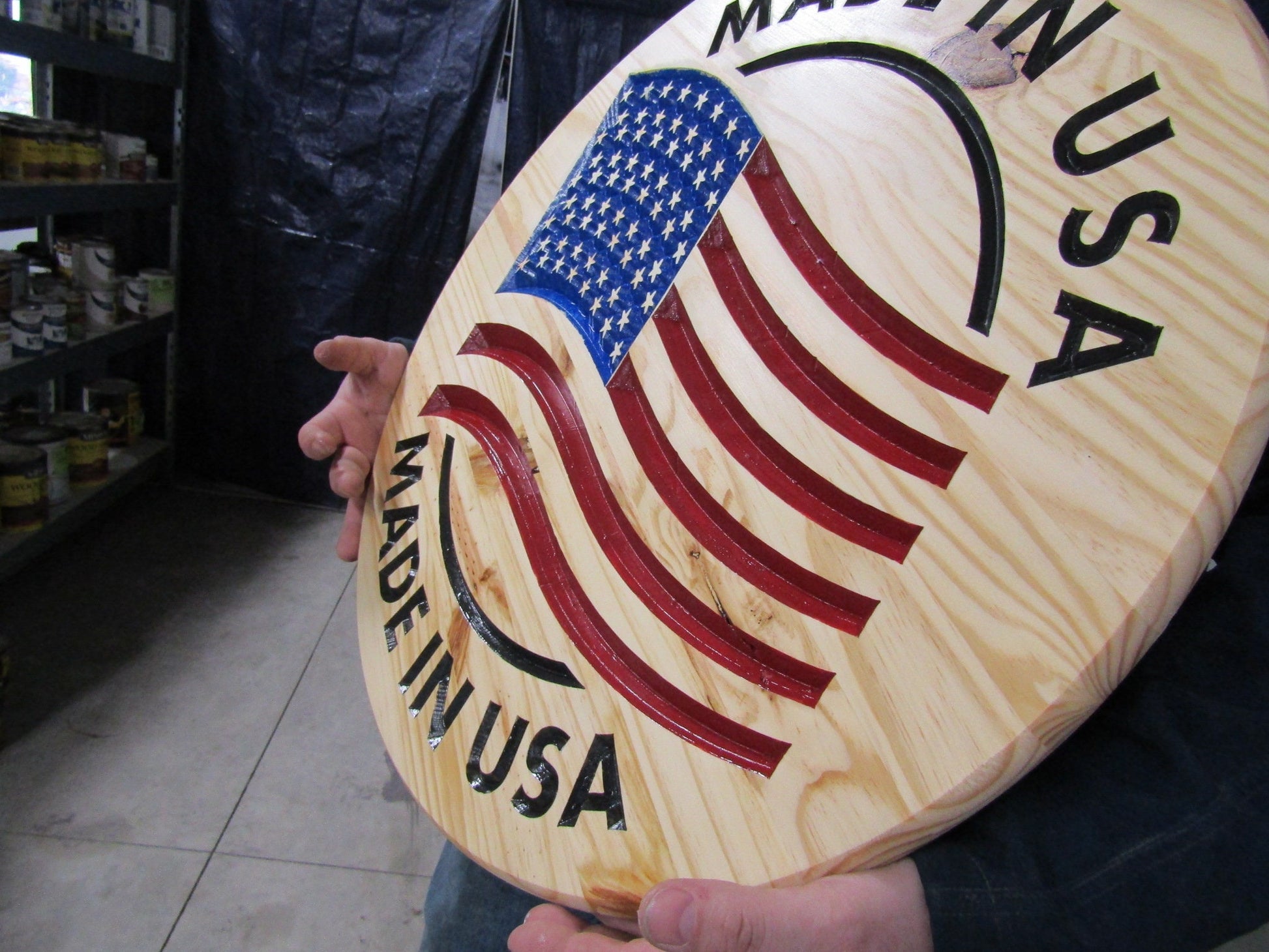 Wooden Engraved Routed Made In Usa Color Filled Red White Blue Round Natural Wood Circle Sign Display Handmade Decor Signage Commerical Use