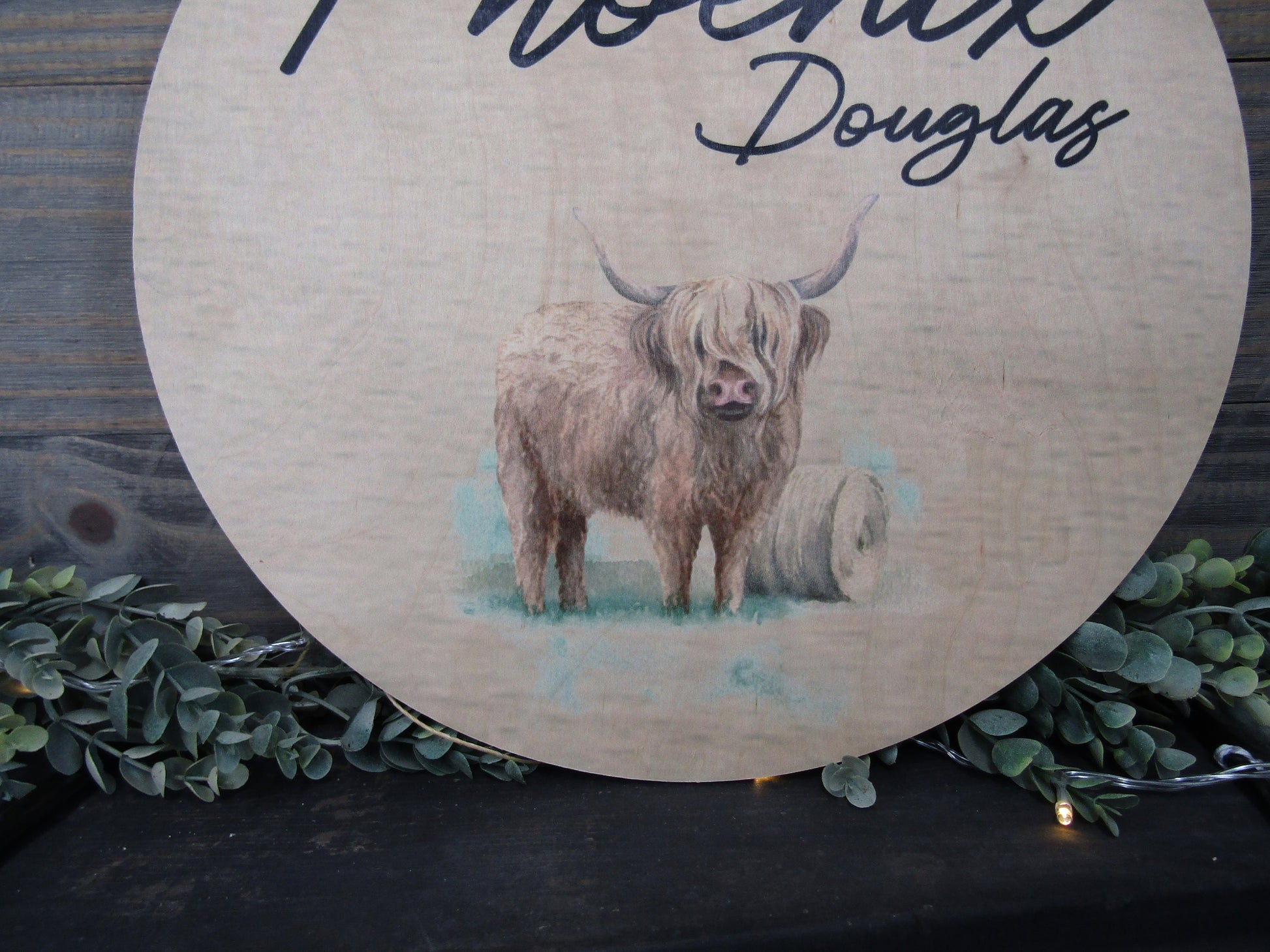 Custom Baby Birth Nursery Announcement Childs Name Room Highland Cow Wood Print Plaque Wall Decor Photography Keepsake Personalized Newborn