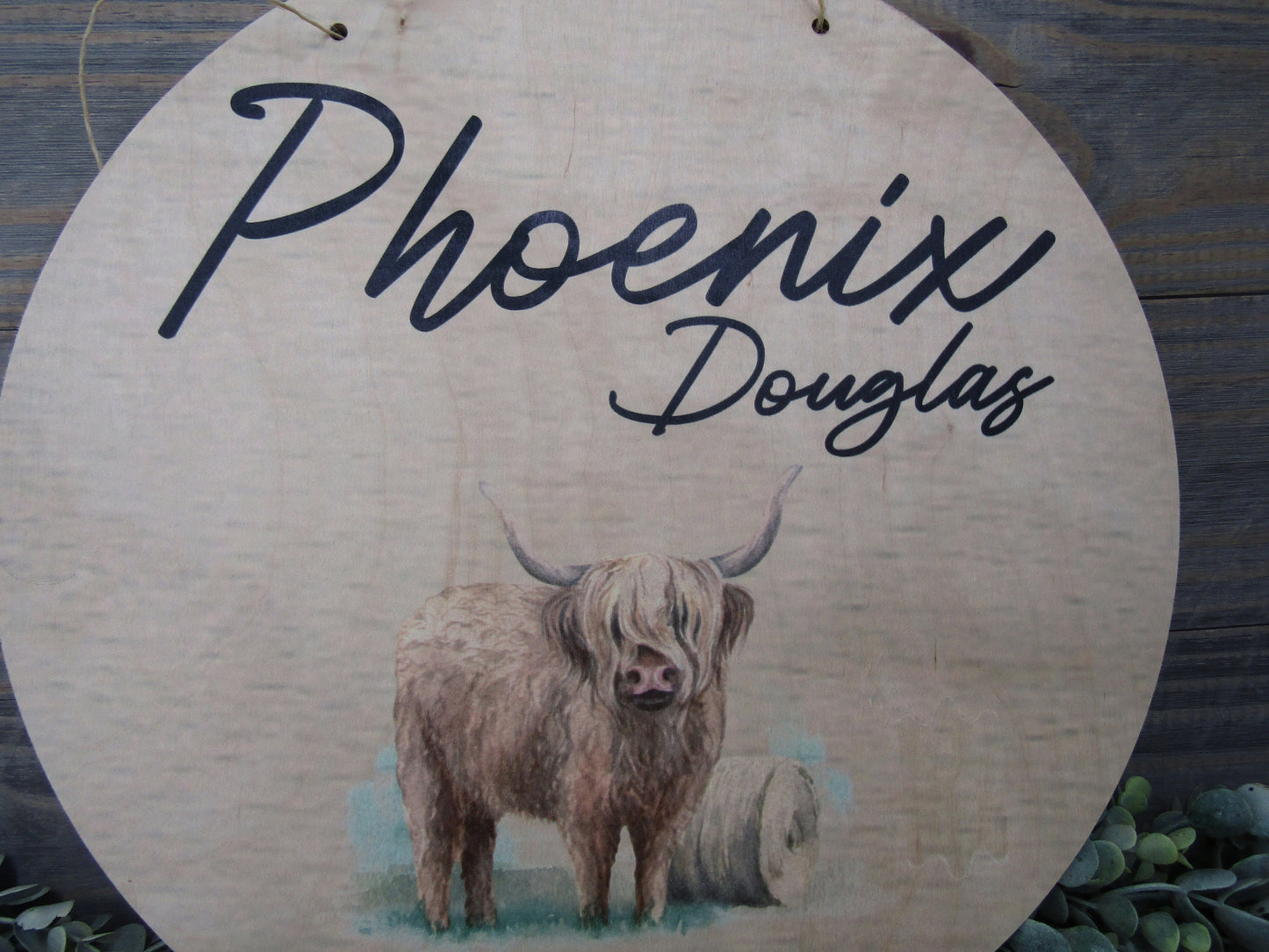 Custom Baby Birth Nursery Announcement Childs Name Room Highland Cow Wood Print Plaque Wall Decor Photography Keepsake Personalized Newborn