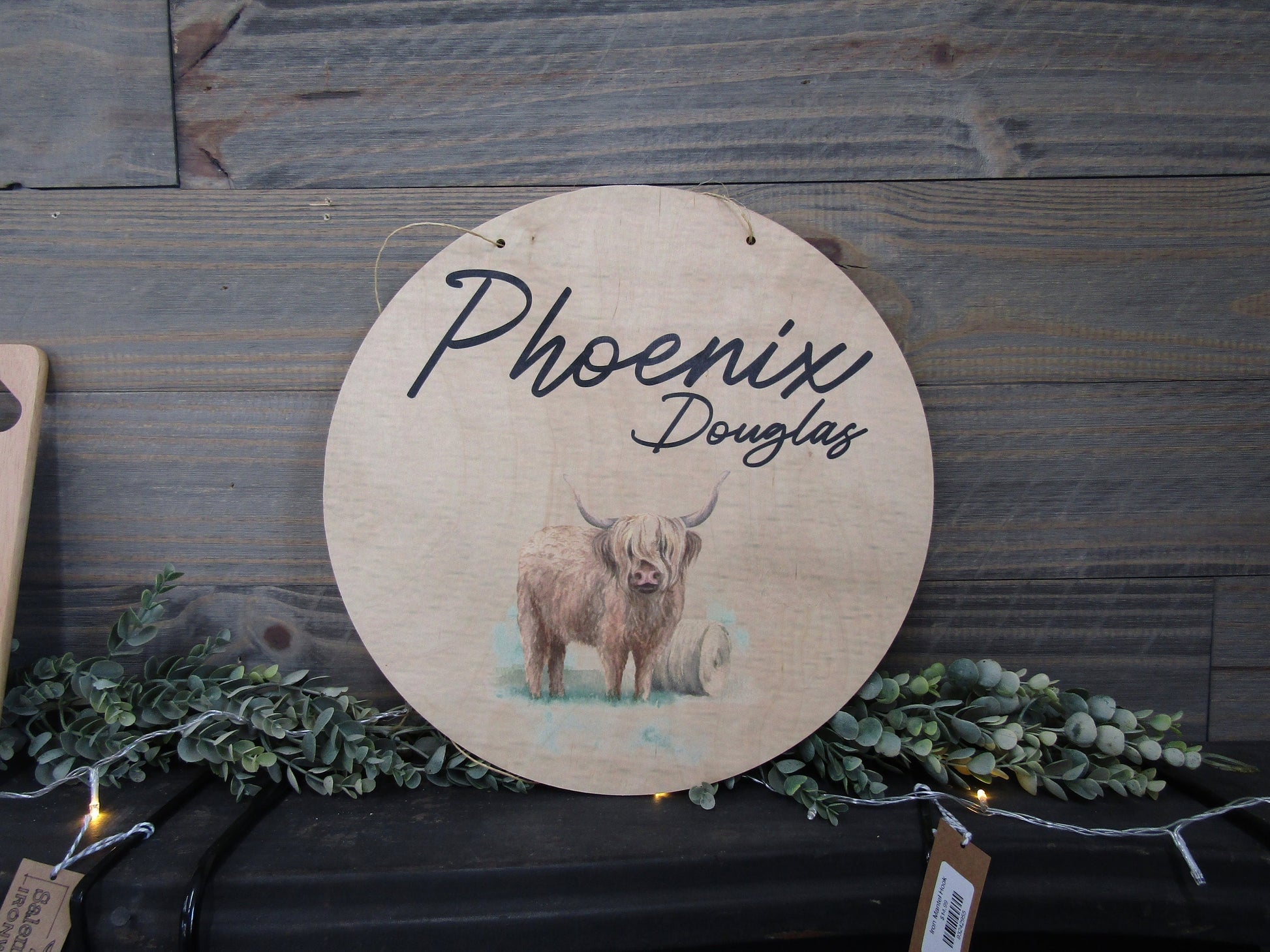 Custom Baby Birth Nursery Announcement Childs Name Room Highland Cow Wood Print Plaque Wall Decor Photography Keepsake Personalized Newborn