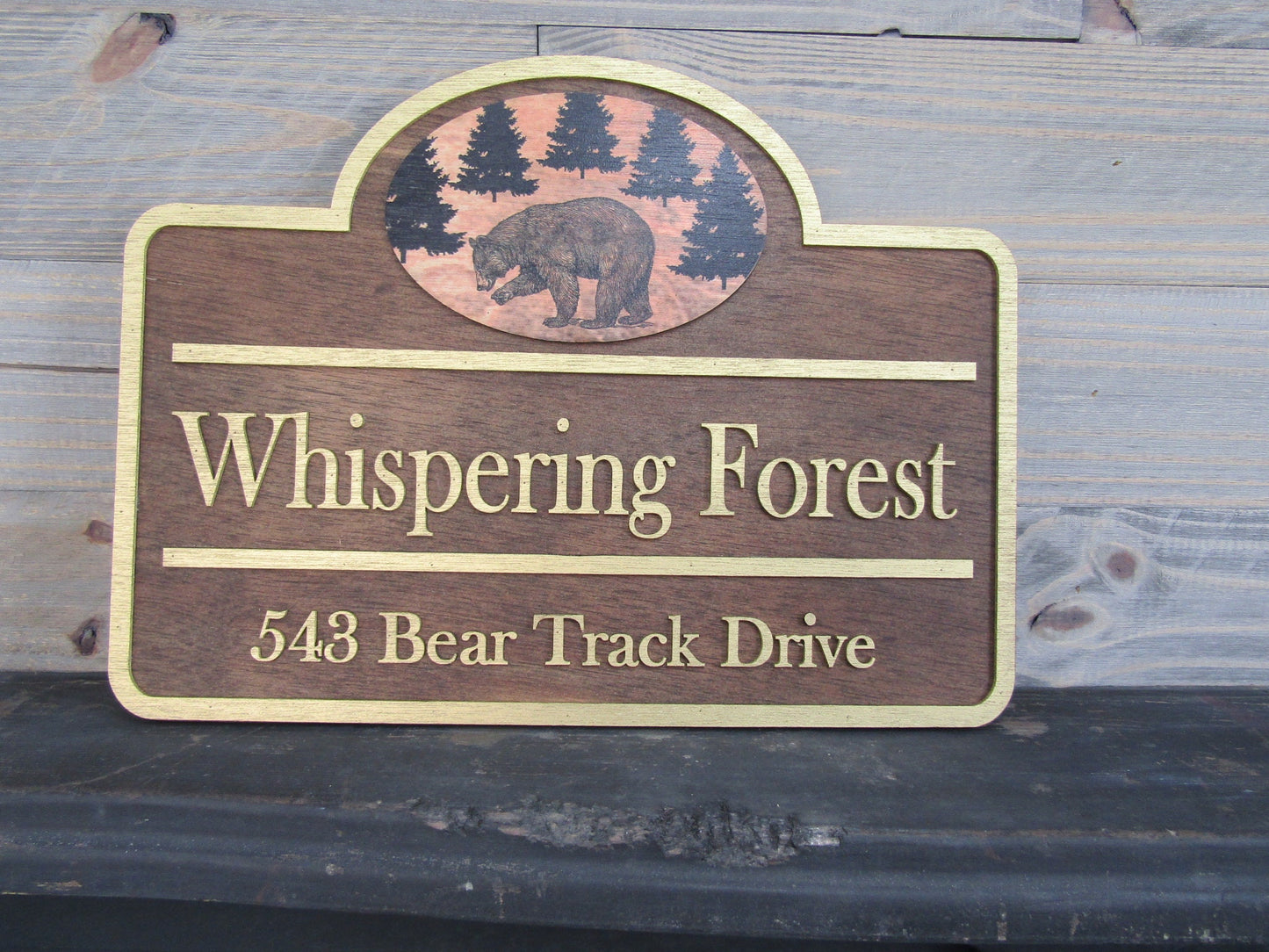 Custom Address Sign Private Drive Bear Cabin Woodsy Pine Trees 3D Raised Contoured Shape Handmade Commerical Signage Directional Wooden
