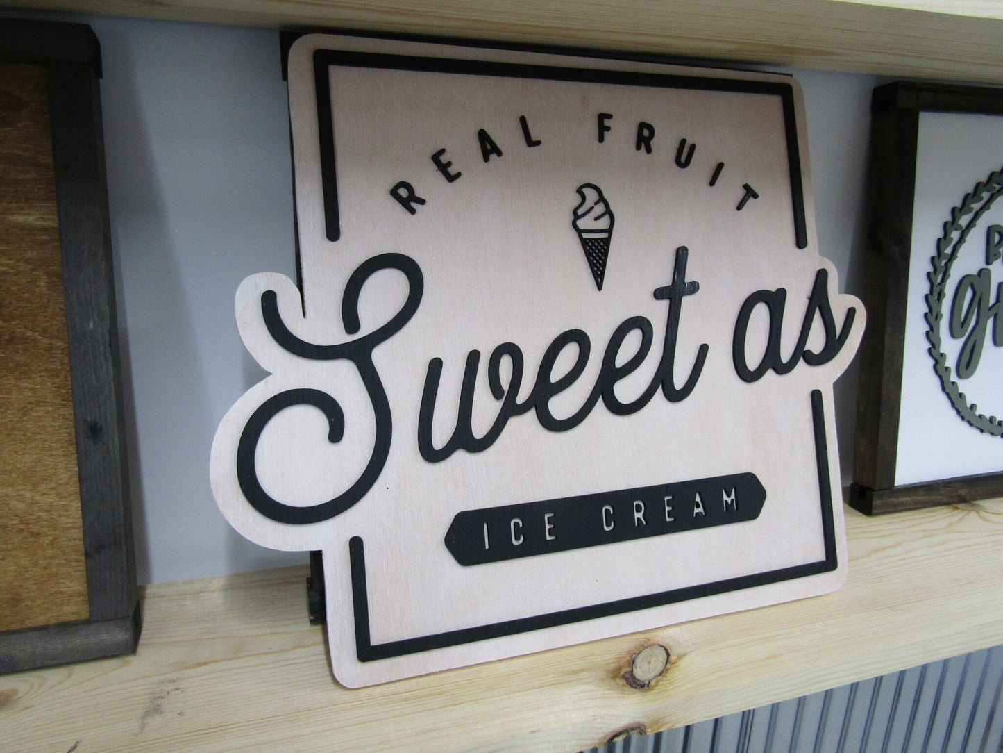 Custom Sign Square Business Commerical Signage Ice Cream Sweets Fruits 3D Made to Order Co Store Front Small Shop Logo Wooden Handmade