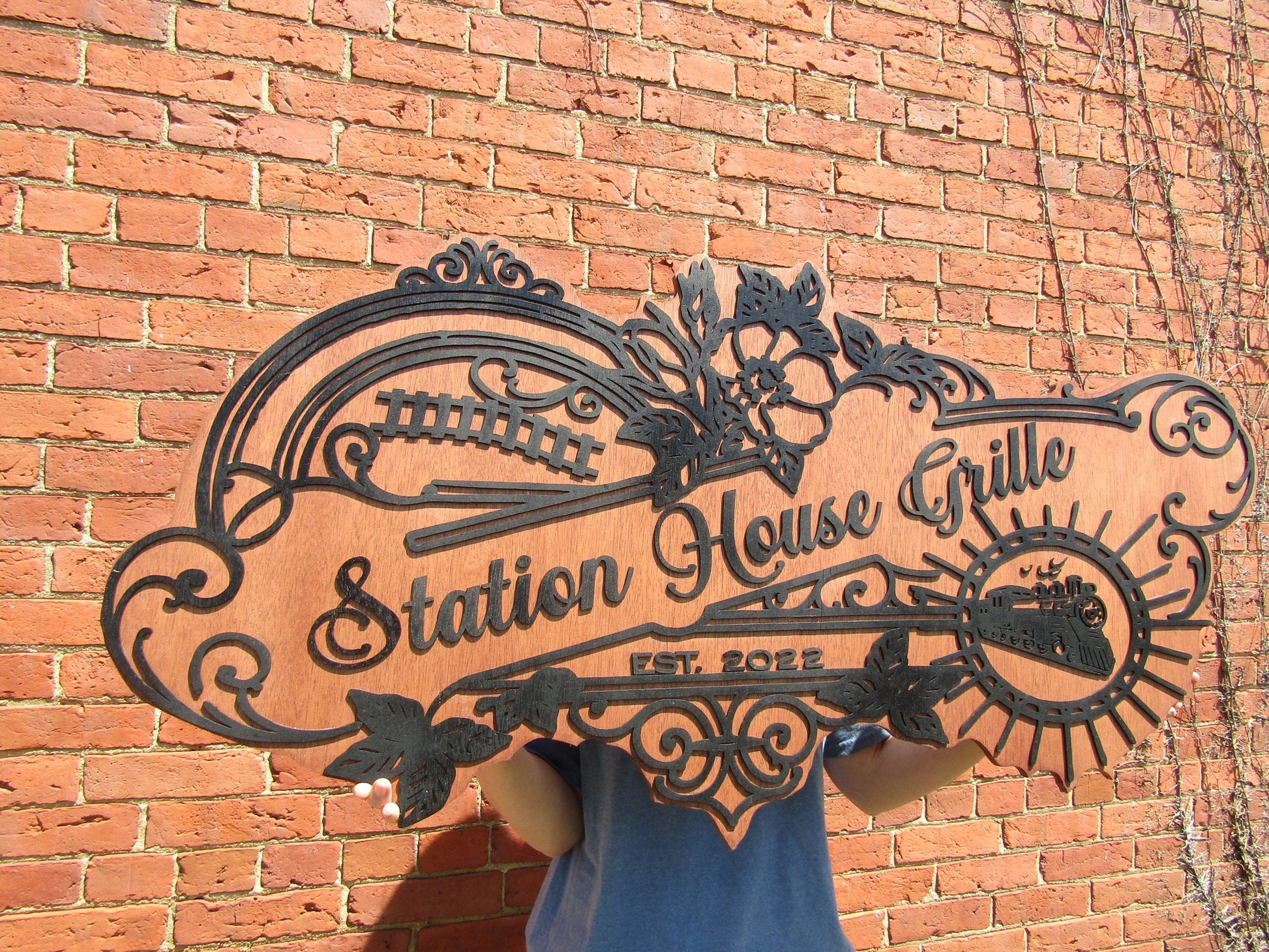 Custom Business Sign Restaurant Grille Commerical Small Business We Use Your Actual Graphic Train Station Wood Laser Cut Out 3D Extra Large