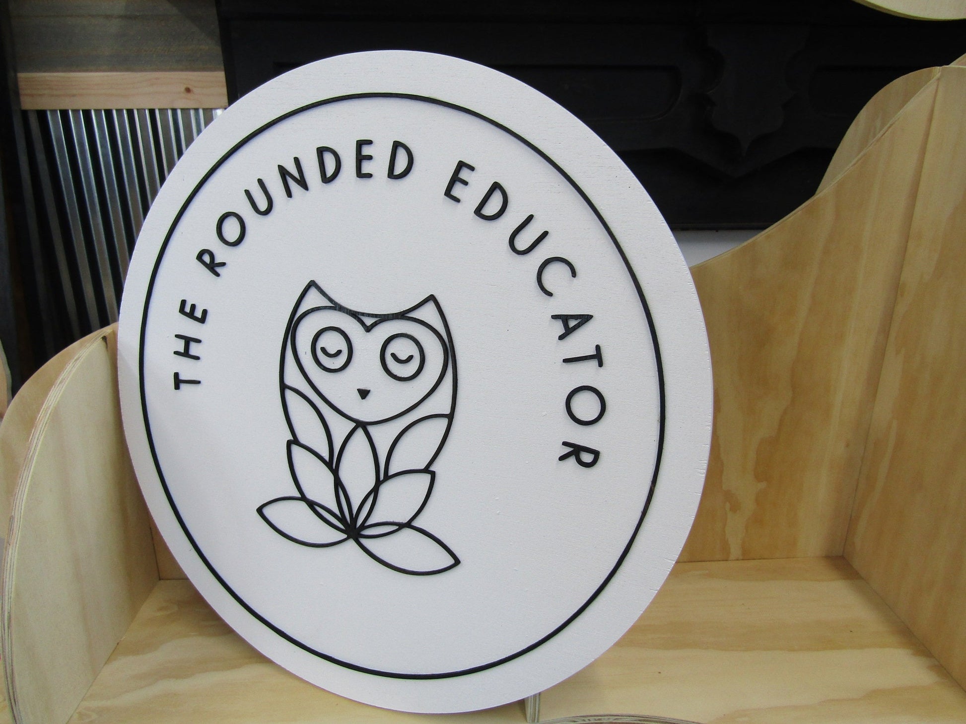 Custom Sign Round Commerical Signage Minimalist Made to Order Rounded Educator Owl Store Front Small Shop Logo School Circle Wooden Handmade
