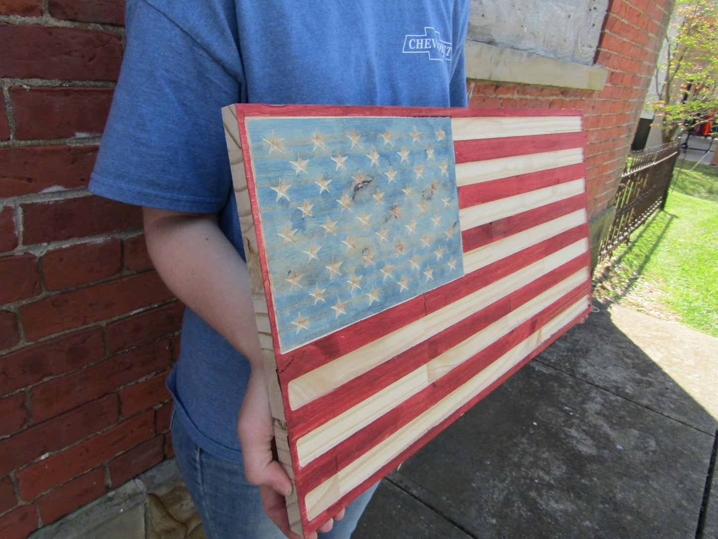 Routed Patriotic American Flag Decor Carved Engraved Stained Rustic Country Farmhouse Style Oversized Porch Handmade Home Decor Fathers Day