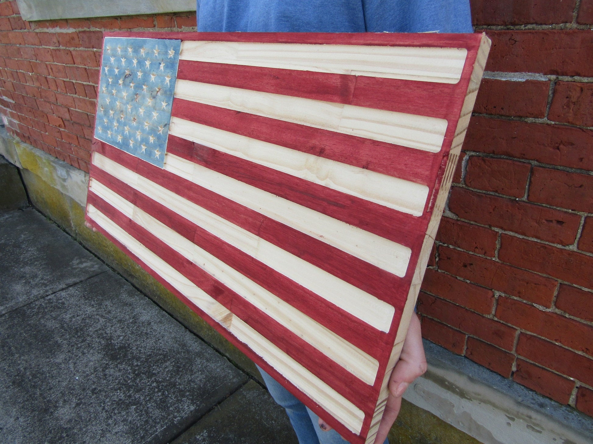 Routed Patriotic American Flag Decor Carved Engraved Stained Rustic Country Farmhouse Style Oversized Porch Handmade Home Decor Fathers Day