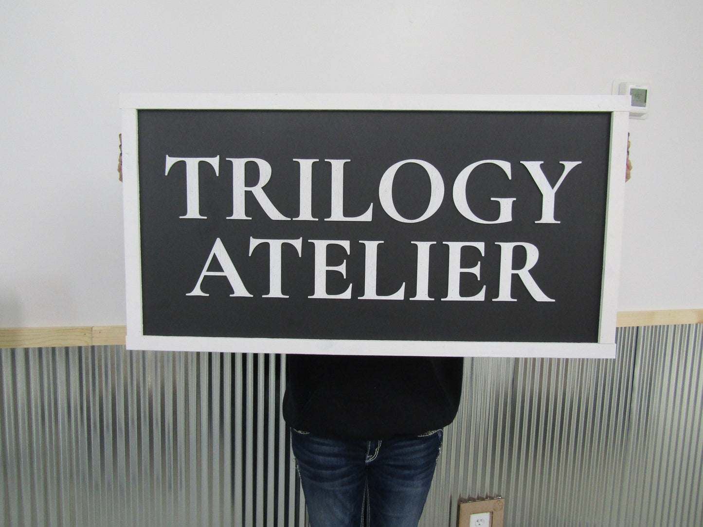Large Custom Business Sign Workshop Studio Signage Indoor Outdoor Trilogy Black and White Personalized Logo Made To Order 3D Wooden LaserCut