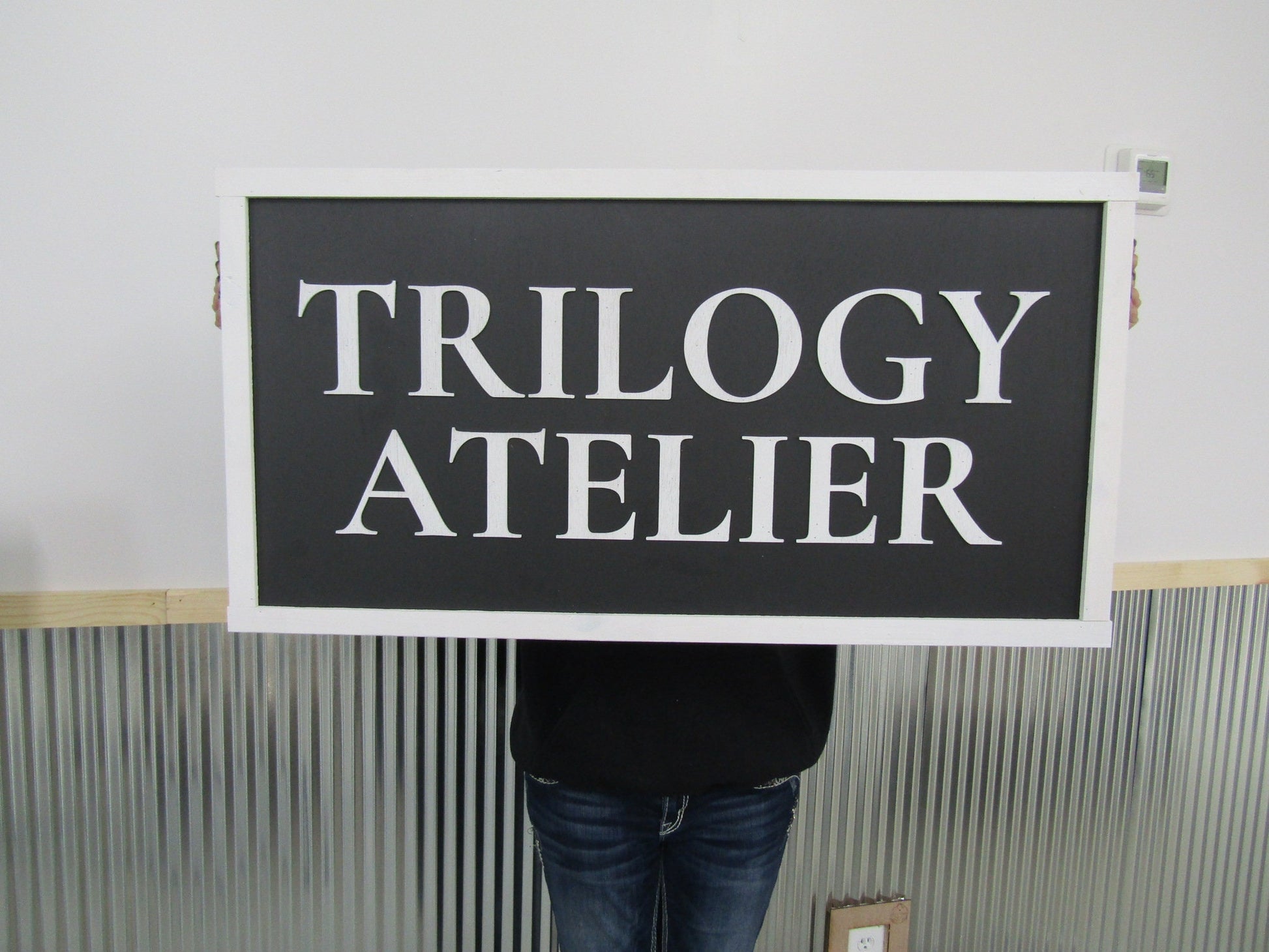 Large Custom Business Sign Workshop Studio Signage Indoor Outdoor Trilogy Black and White Personalized Logo Made To Order 3D Wooden LaserCut