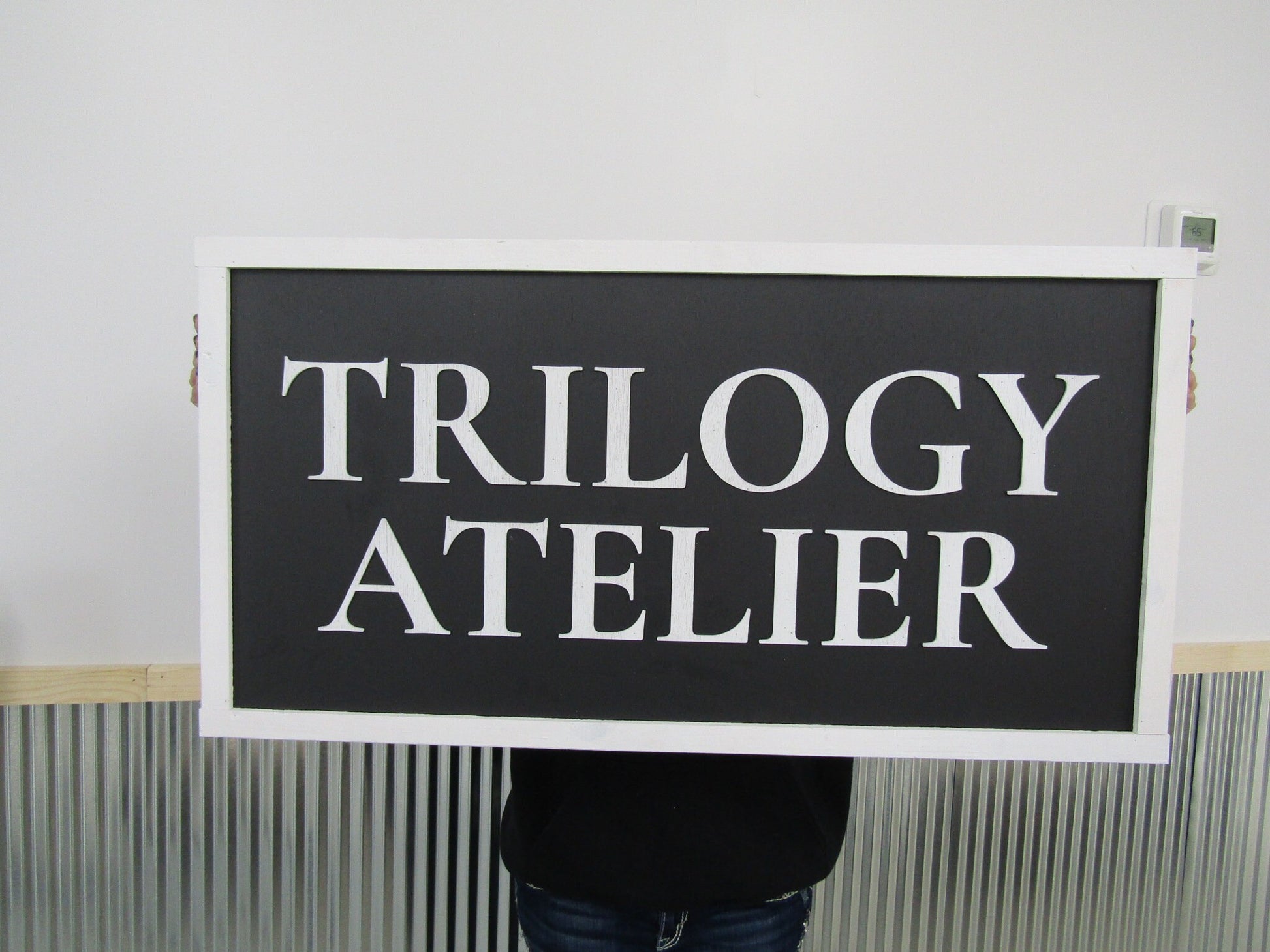 Large Custom Business Sign Workshop Studio Signage Indoor Outdoor Trilogy Black and White Personalized Logo Made To Order 3D Wooden LaserCut