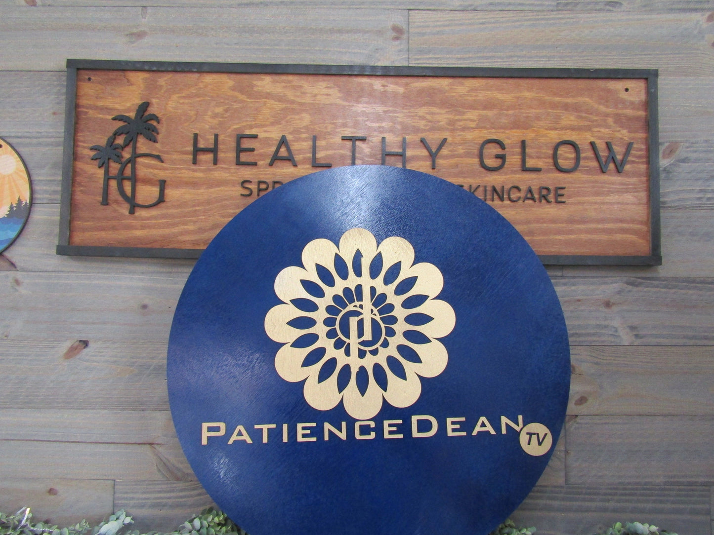Custom Sign Round Business Commerical Signage Mandala Flower Made to Order Tv Store Front Small Shop Logo Blue Gold Circle Wooden Handmade