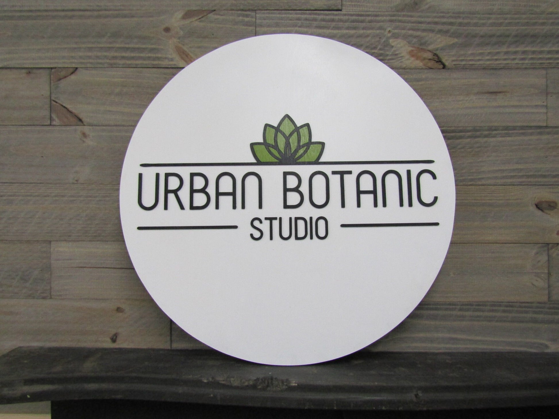 Custom Sign Round Business Commerical Signage Minimalist Made to Order Urban Botanic Studio Small Shop Logo Circle Wooden Handmade