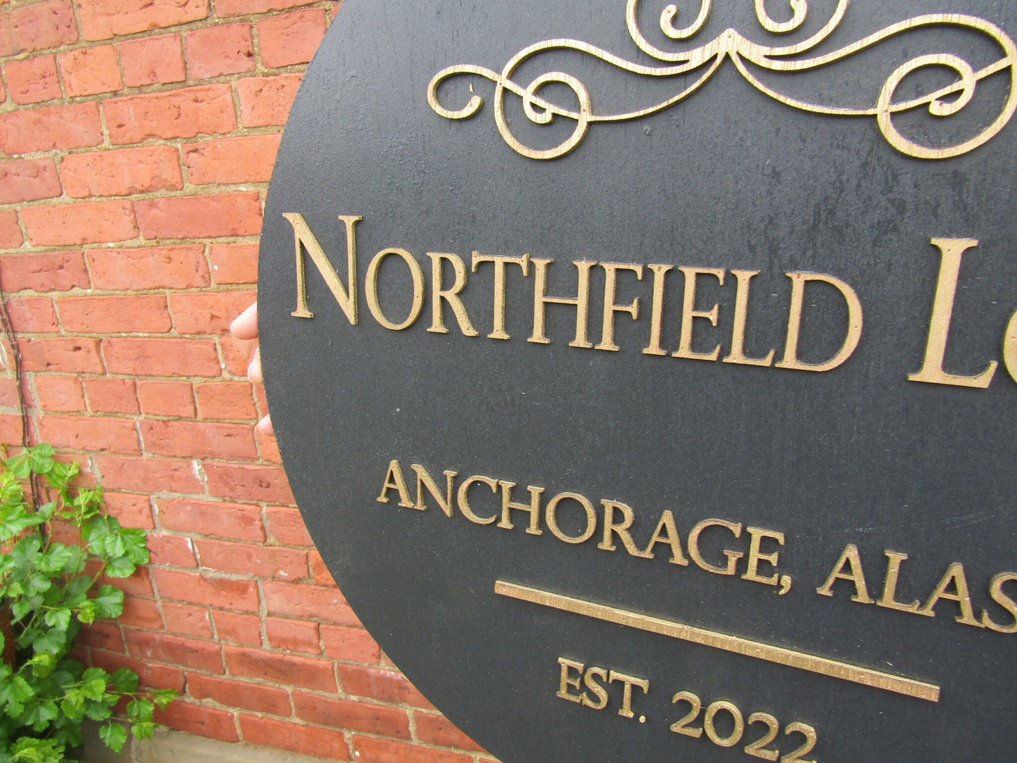 Round Lodge Sign Established Ship to Alaska Black Gold Victorian Scroll Custom Handmade Wooden Sign Raised Text 3D Vacation Outdoor Indoor