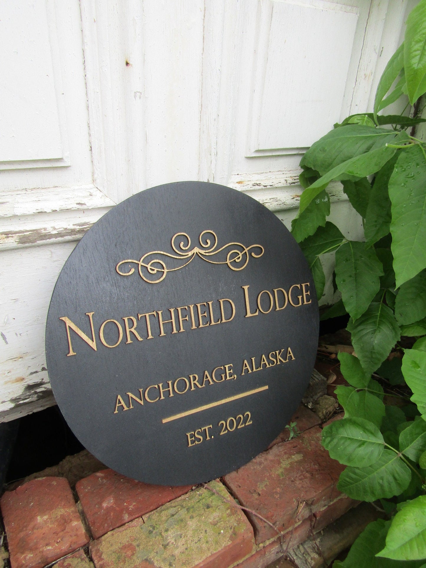 Round Lodge Sign Established Ship to Alaska Black Gold Victorian Scroll Custom Handmade Wooden Sign Raised Text 3D Vacation Outdoor Indoor
