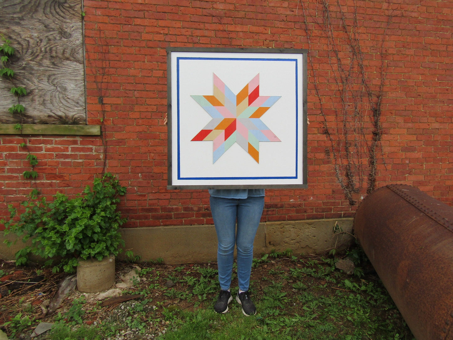 Oversized Square Barn Quilt Image Printed On Wood Color Pastel Geometrical Farmhouse Country Style Handmade Decor Star Outdoor Primitive