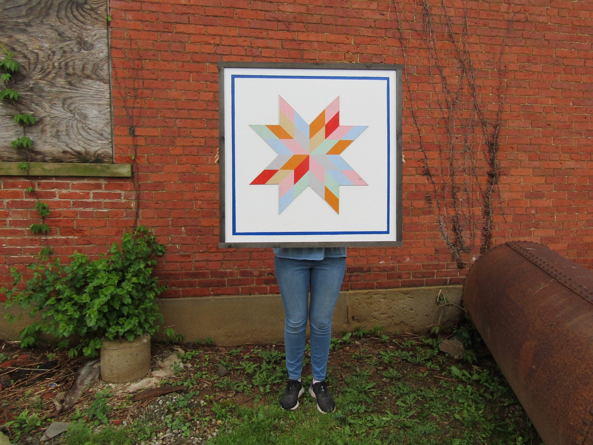 Oversized Square Barn Quilt Image Printed On Wood Color Pastel Geometrical Farmhouse Country Style Handmade Decor Star Outdoor Primitive
