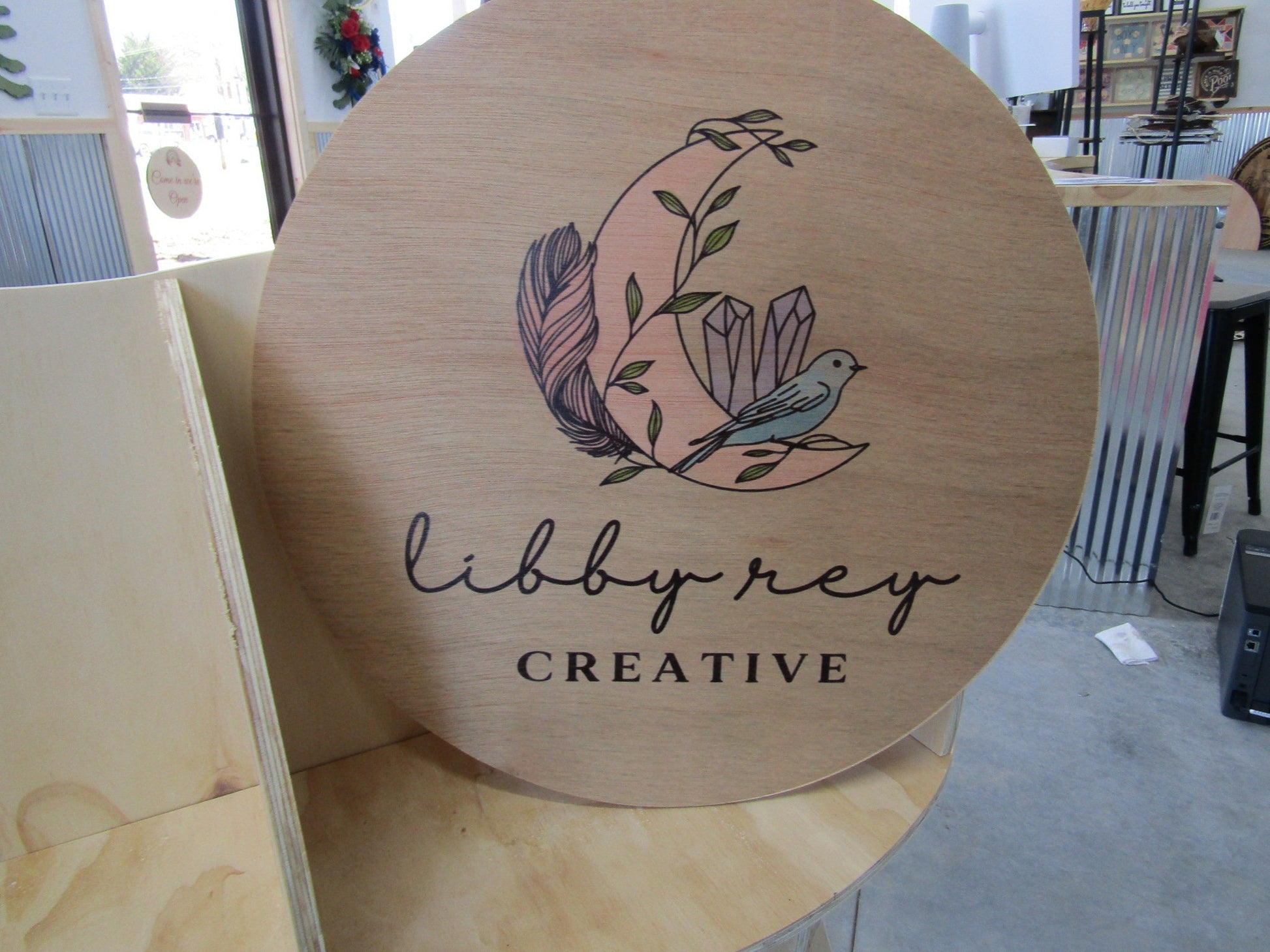 Small Business Booth Hanging Sign Your Actual Logo Round Creative Moon Crystals Design Custom Circle Personalized Wall Art Color Wood Print