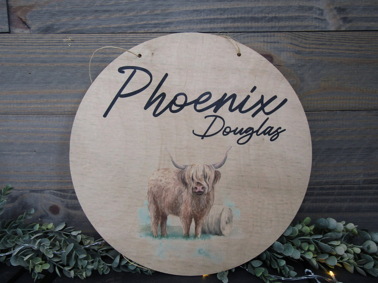 Custom Baby Birth Nursery Announcement Childs Name Room Highland Cow Wood Print Plaque Wall Decor Photography Keepsake Personalized Newborn