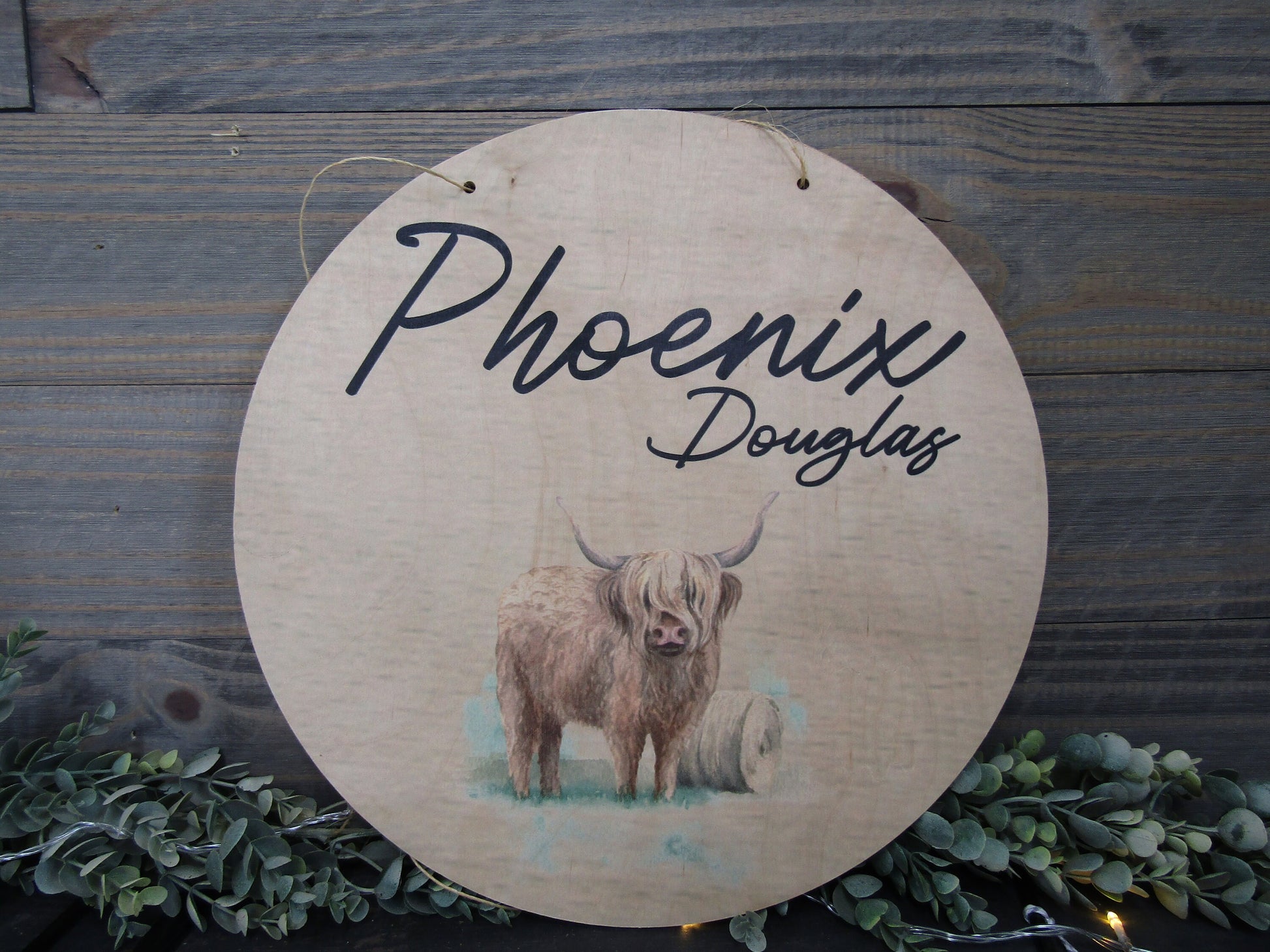 Custom Baby Birth Nursery Announcement Childs Name Room Highland Cow Wood Print Plaque Wall Decor Photography Keepsake Personalized Newborn