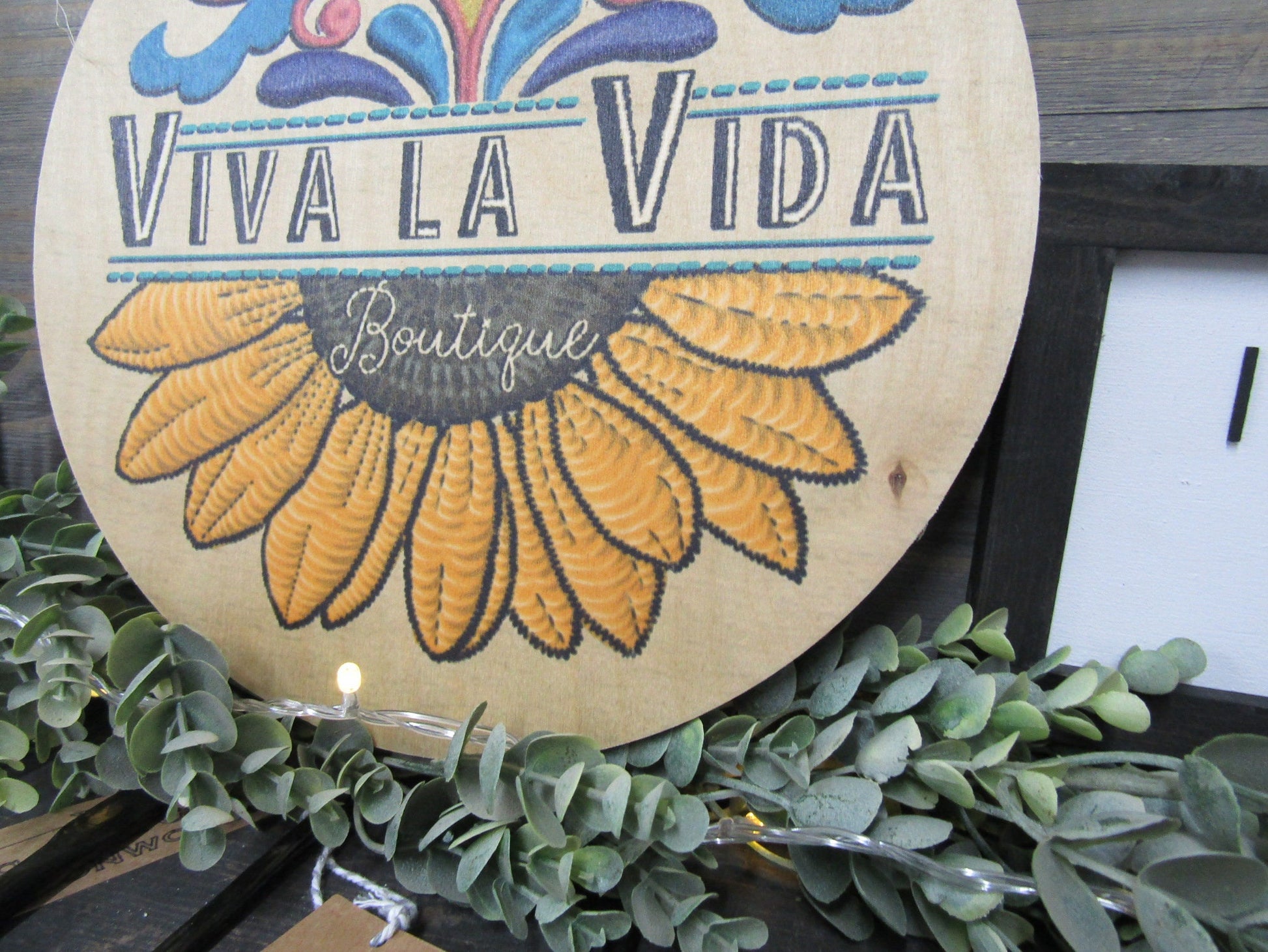 Small Business Sign Logo Your Actual Logo Round Viva La Vida Design Custom Circle Personalized Floral Sunflower Wall Art Color Wood Print