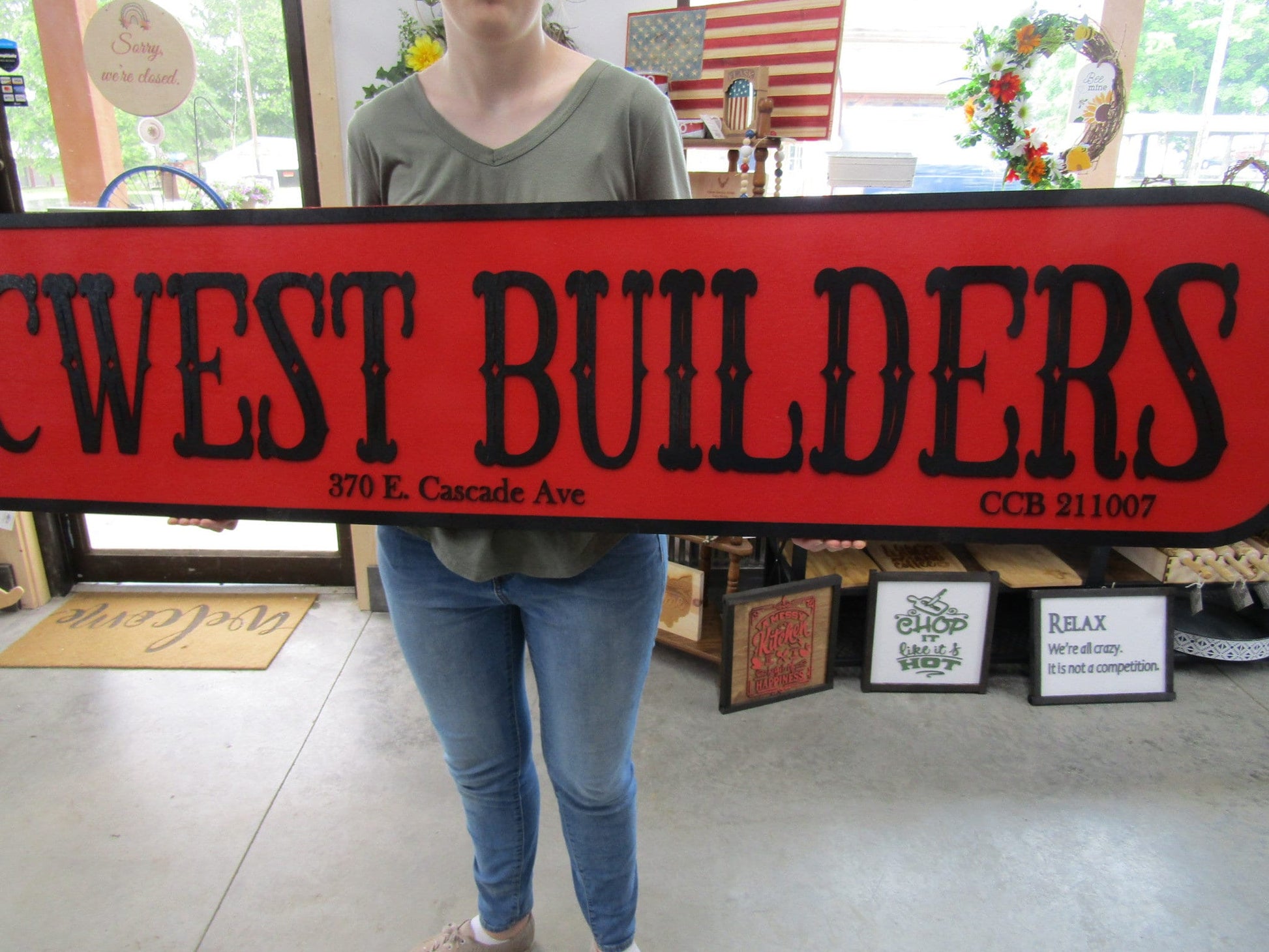Custom Builders Sign Distressed Rustic Red and Black Personalized Business Company Name Store Front Wooden Handmade Commerical Signage
