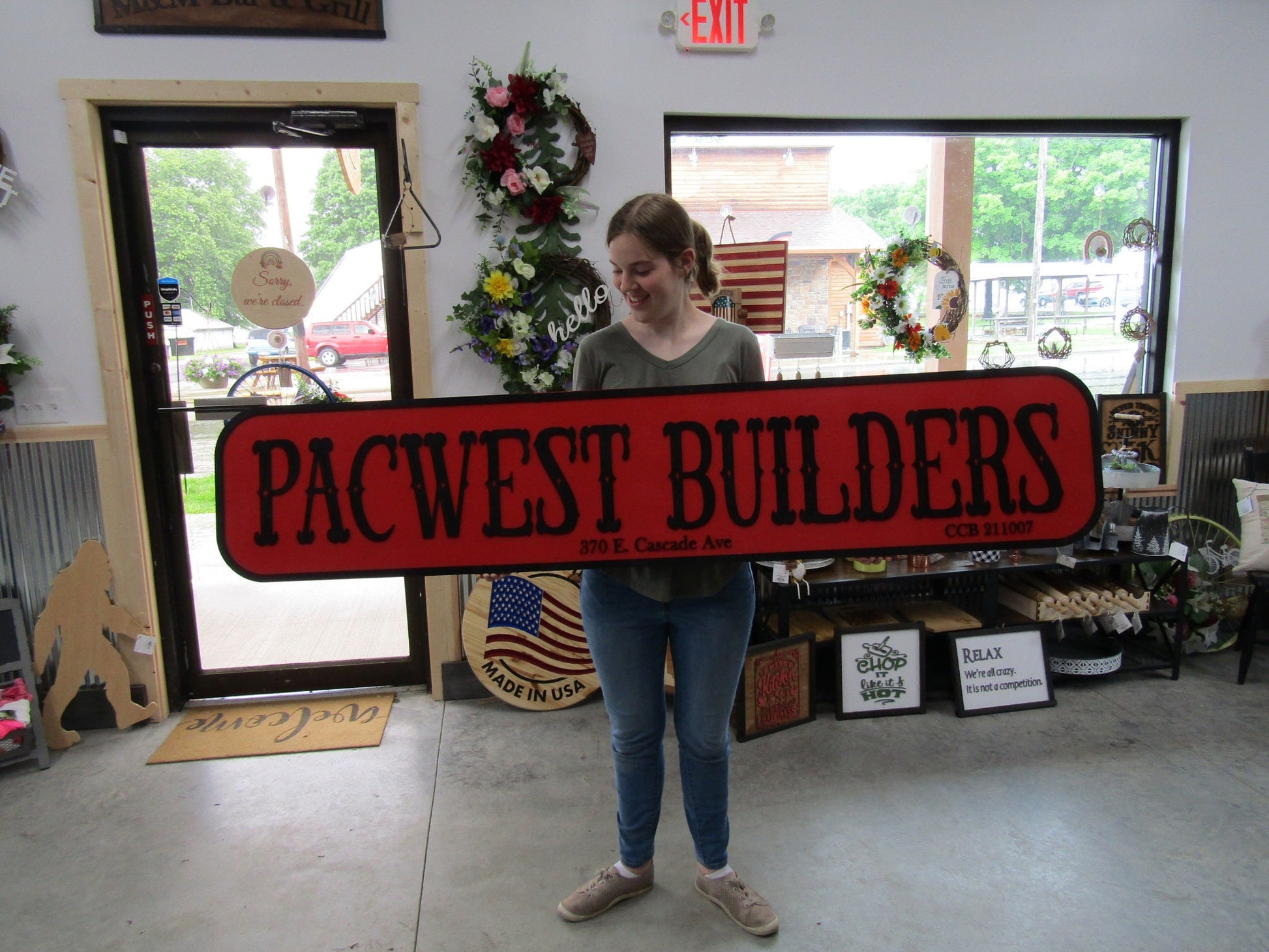 Custom Builders Sign Distressed Rustic Red and Black Personalized Business Company Name Store Front Wooden Handmade Commerical Signage